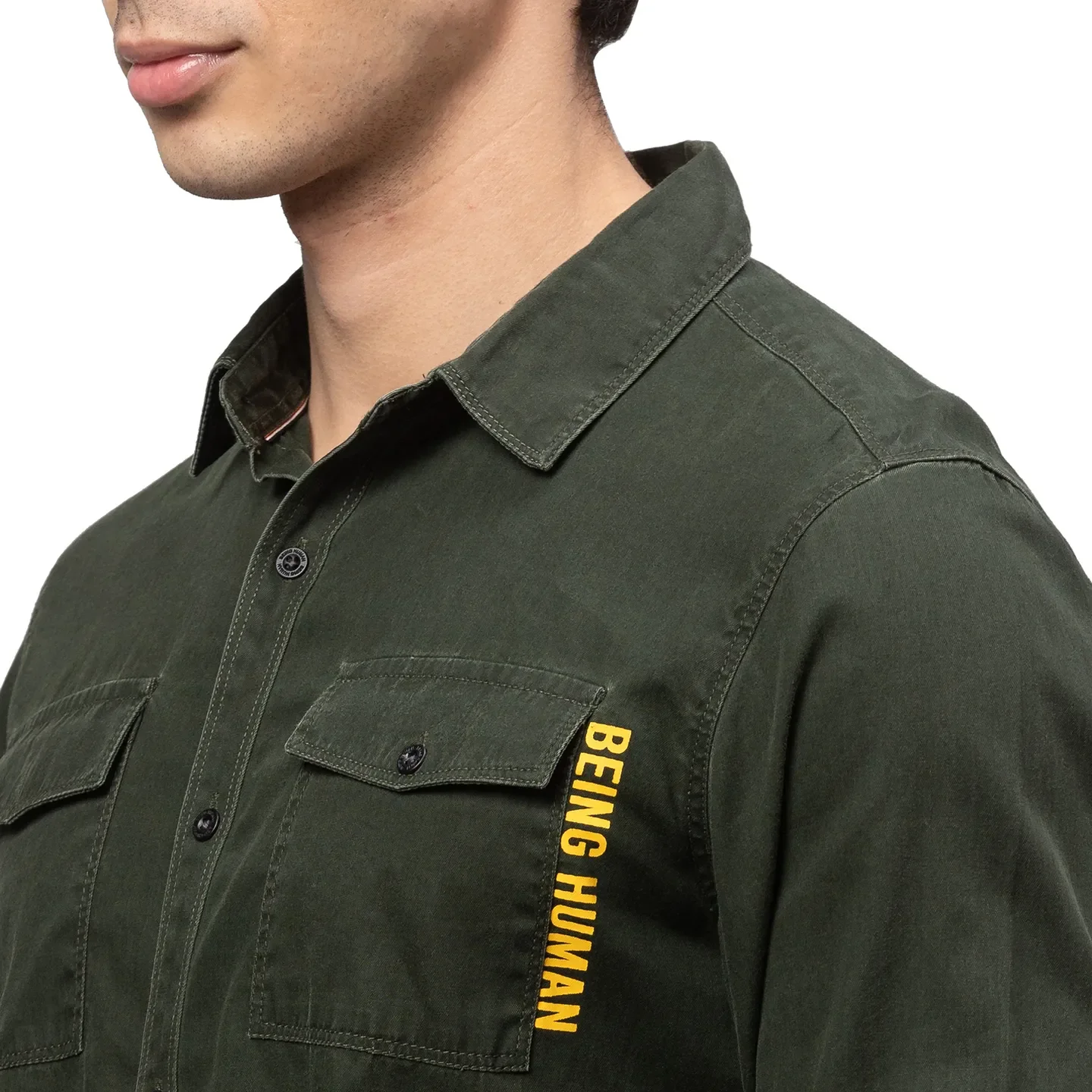 Olive Slim Straight Fit Regular Collar Long Sleeves Cotton Men's Shirt by Being Human Clothing - Image 5