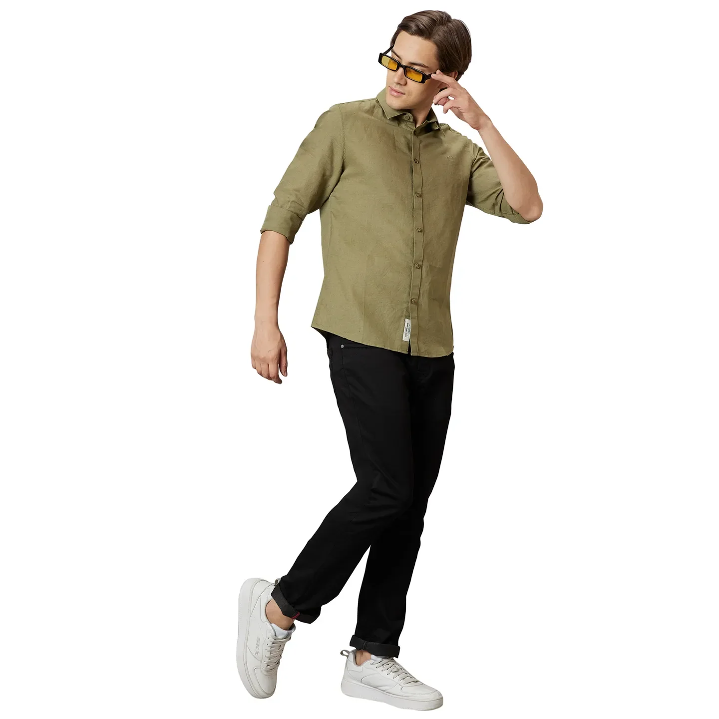 Olive Slim Straight Fit Regular Collar Long Sleeves Cotton Men's Shirt by Being Human Clothing - Image 5