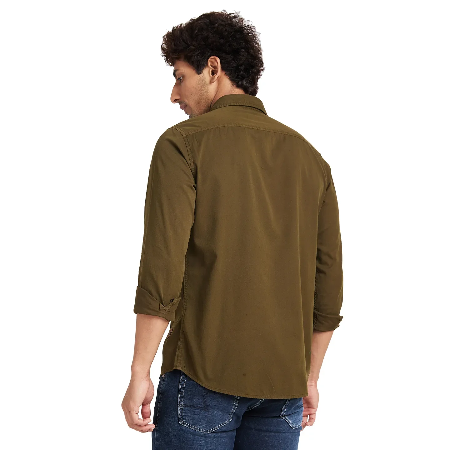 Olive Slim Straight Fit Regular Collar Long Sleeves Men's Shirt by Being Human Clothing - Image 4