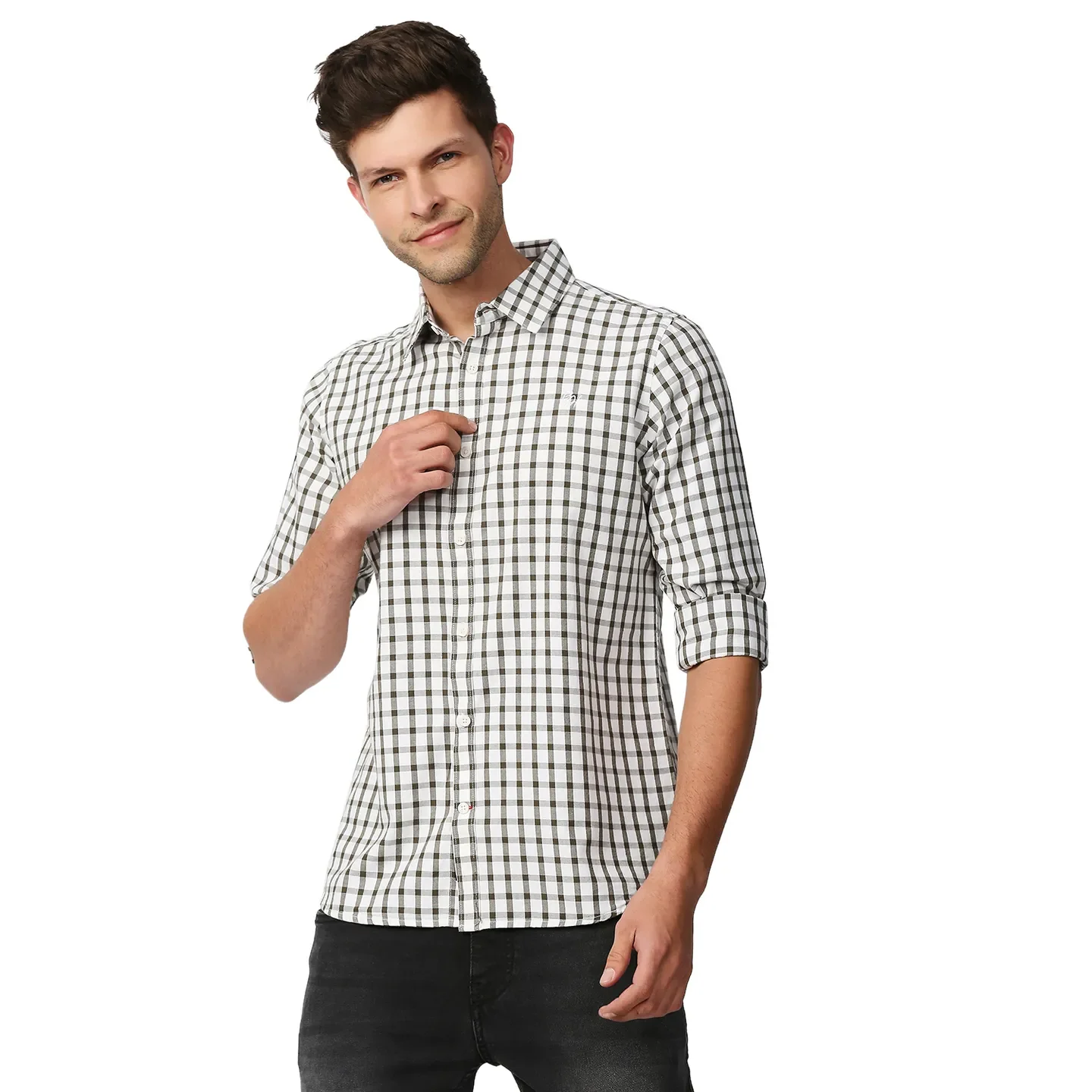 Olive Slim Straight Fit Regular Collar Long Sleeves Men's Shirt by Being Human Clothing