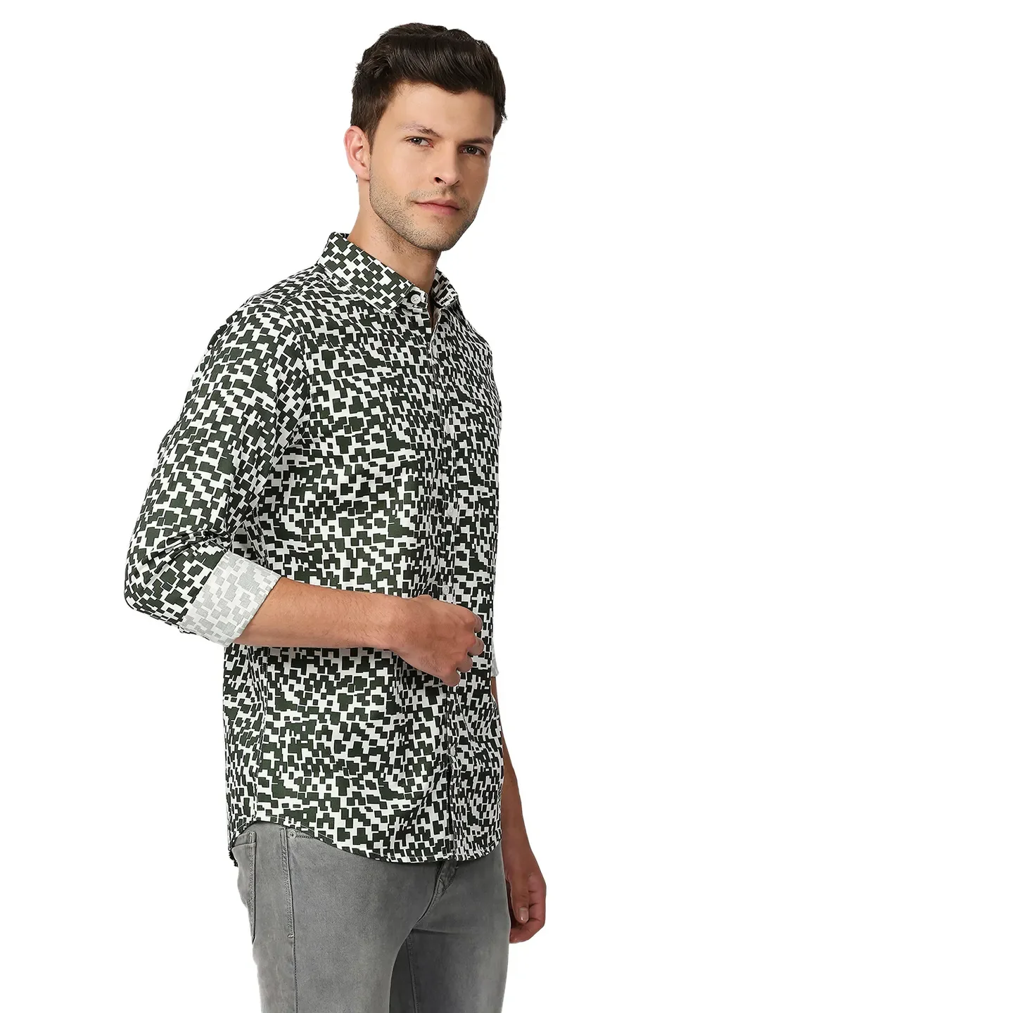 Olive Slim Straight Fit Regular Collar Long Sleeves Men's Shirt by Being Human Clothing - Image 3