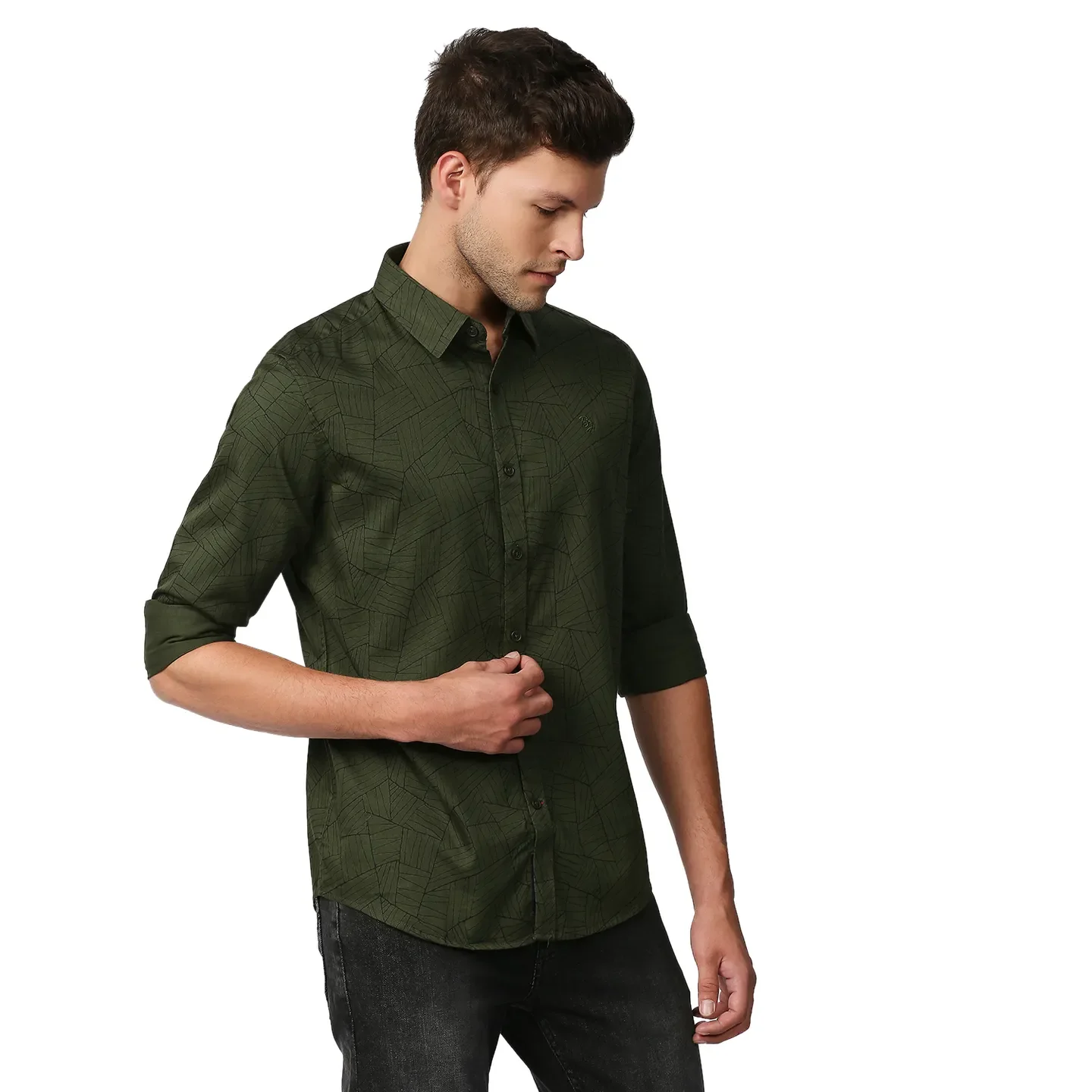 Olive Slim Straight Fit Regular Collar Long Sleeves Men's Shirt by Being Human Clothing - Image 3