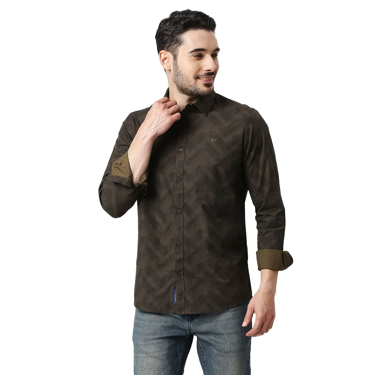 Olive Slim Straight Fit Regular Collar Long Sleeves Cotton Men's Shirt by Being Human Clothing