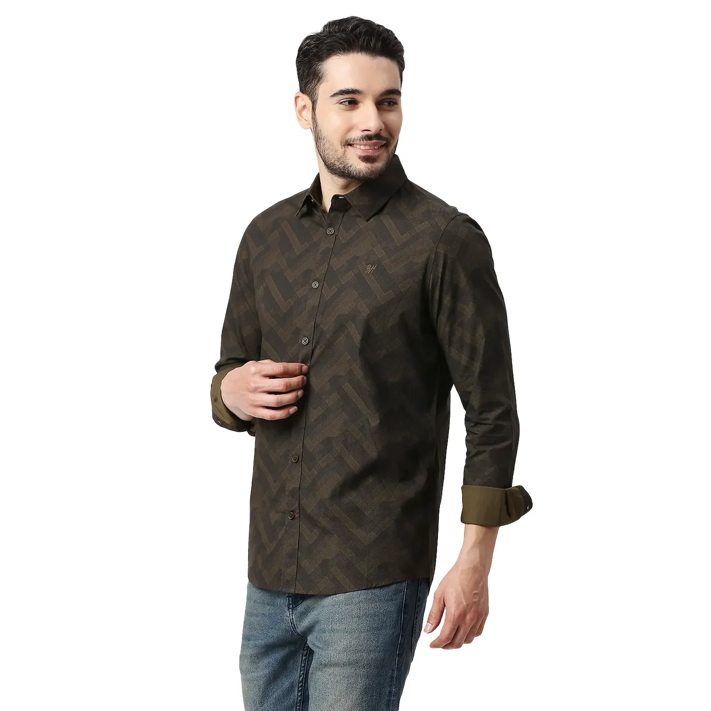 Olive Slim Straight Fit Regular Collar Long Sleeves Cotton Men's Shirt by Being Human Clothing - Image 2