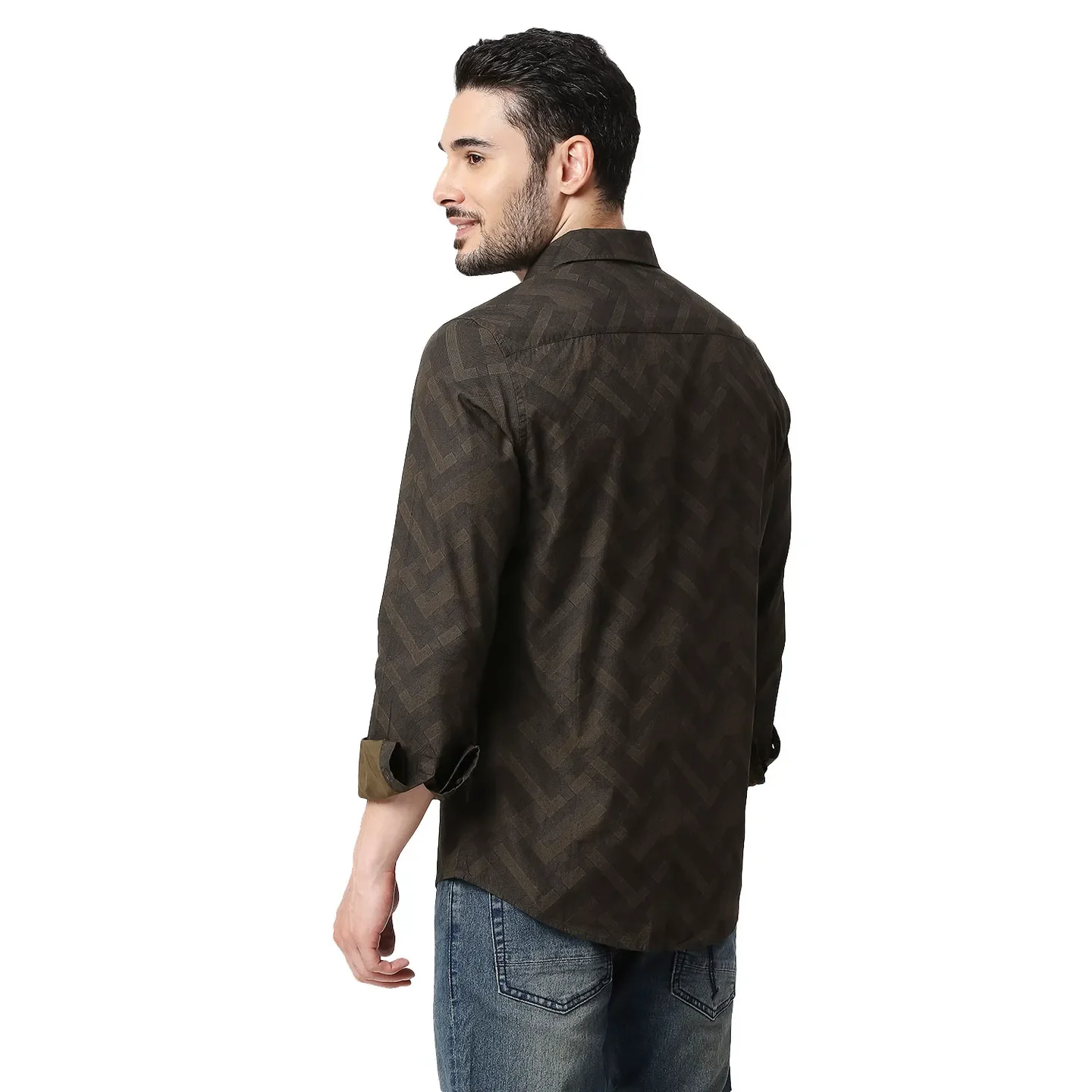 Olive Slim Straight Fit Regular Collar Long Sleeves Cotton Men's Shirt by Being Human Clothing - Image 3