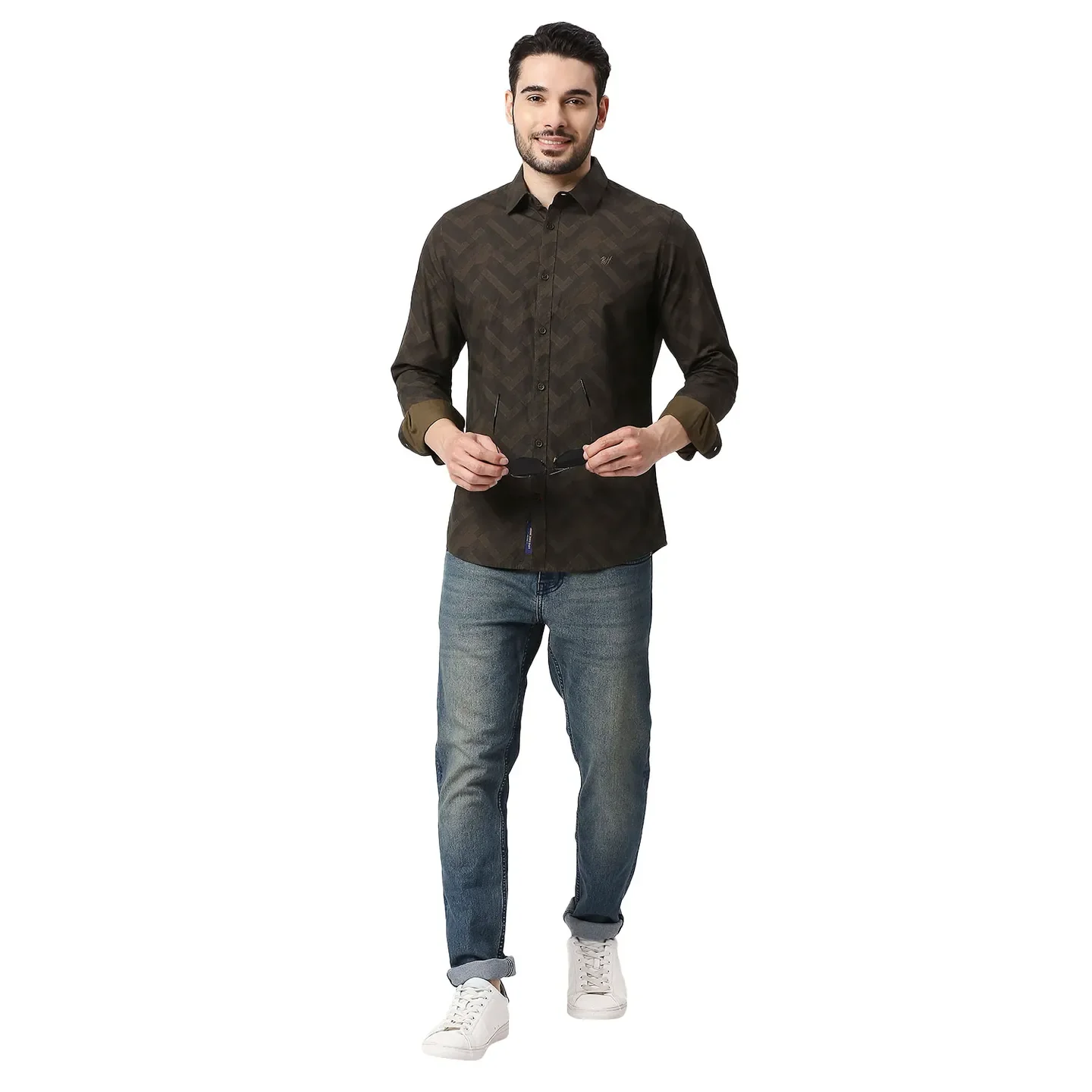 Olive Slim Straight Fit Regular Collar Long Sleeves Cotton Men's Shirt by Being Human Clothing - Image 5