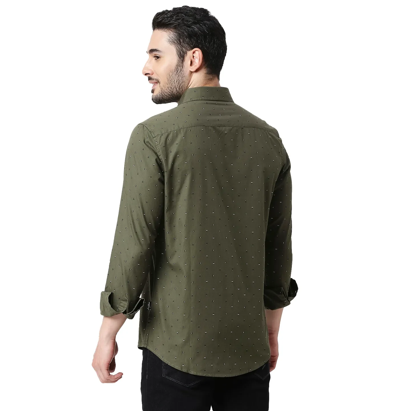 Olive Slim Straight Fit Regular Collar Long Sleeves Cotton Men's Shirt by Being Human Clothing - Image 3
