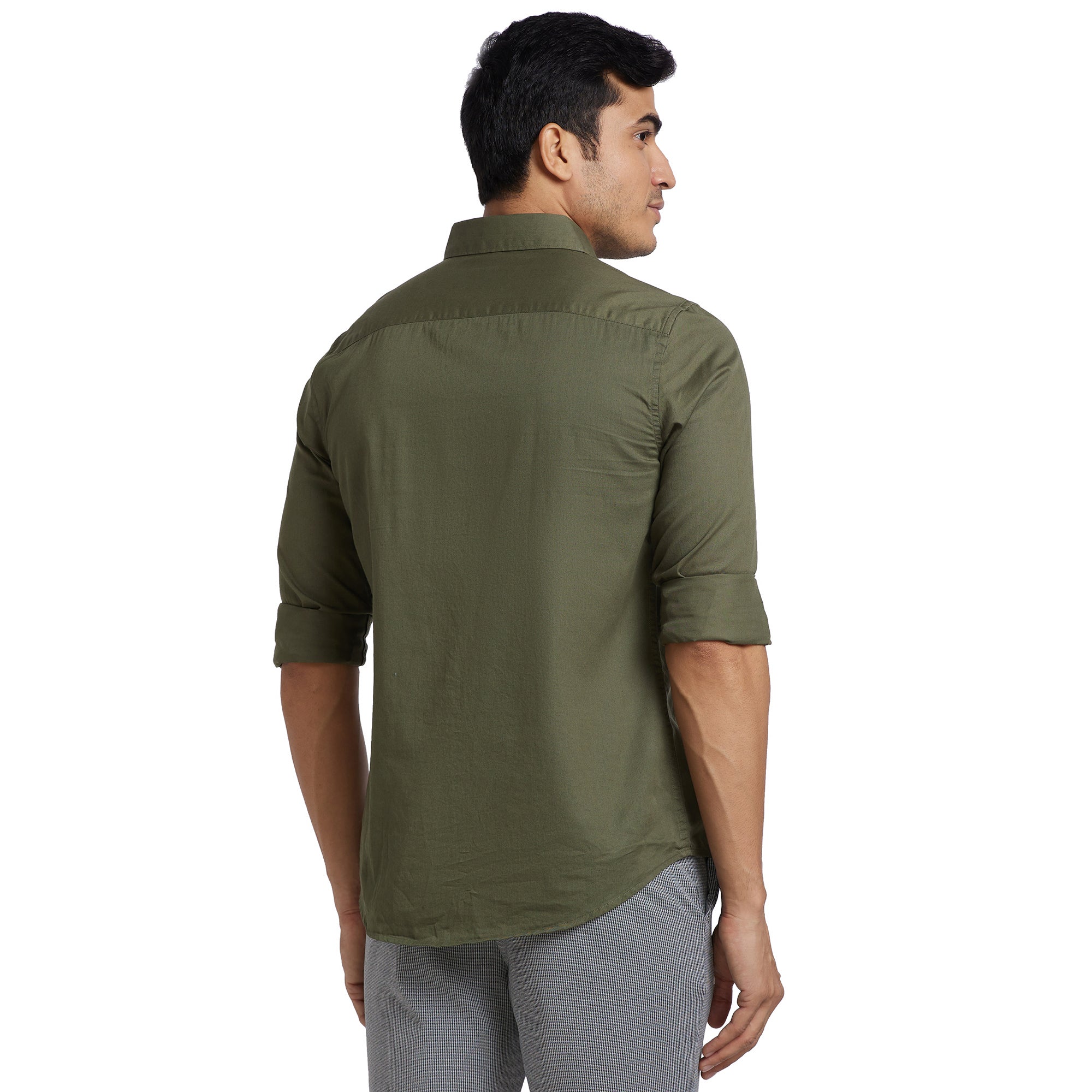 Olive Slim Straight Fit Regular Collar Long Sleeves Cotton Men's Shirt by Being Human Clothing - Image 3
