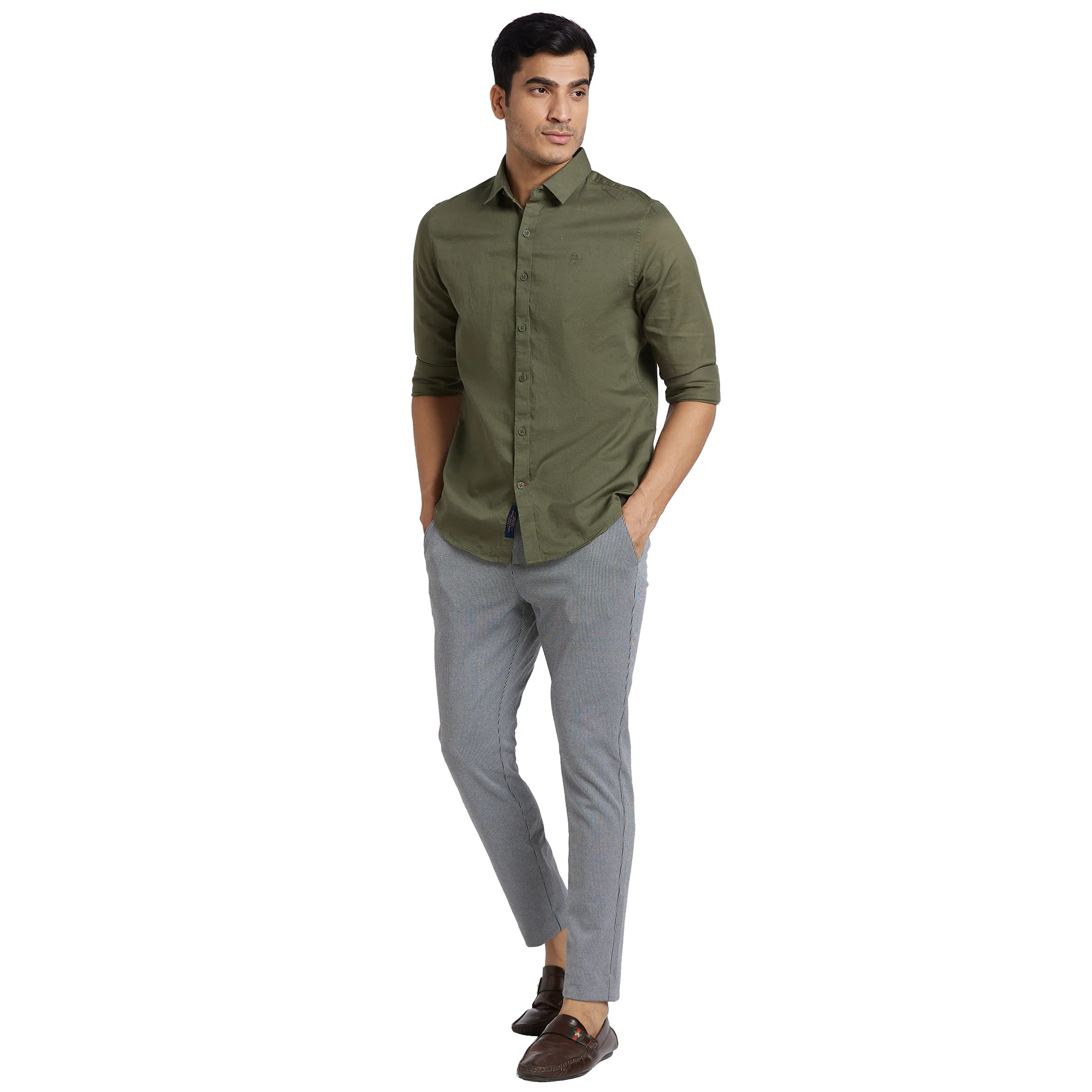 Olive Slim Straight Fit Regular Collar Long Sleeves Cotton Men's Shirt by Being Human Clothing - Image 4