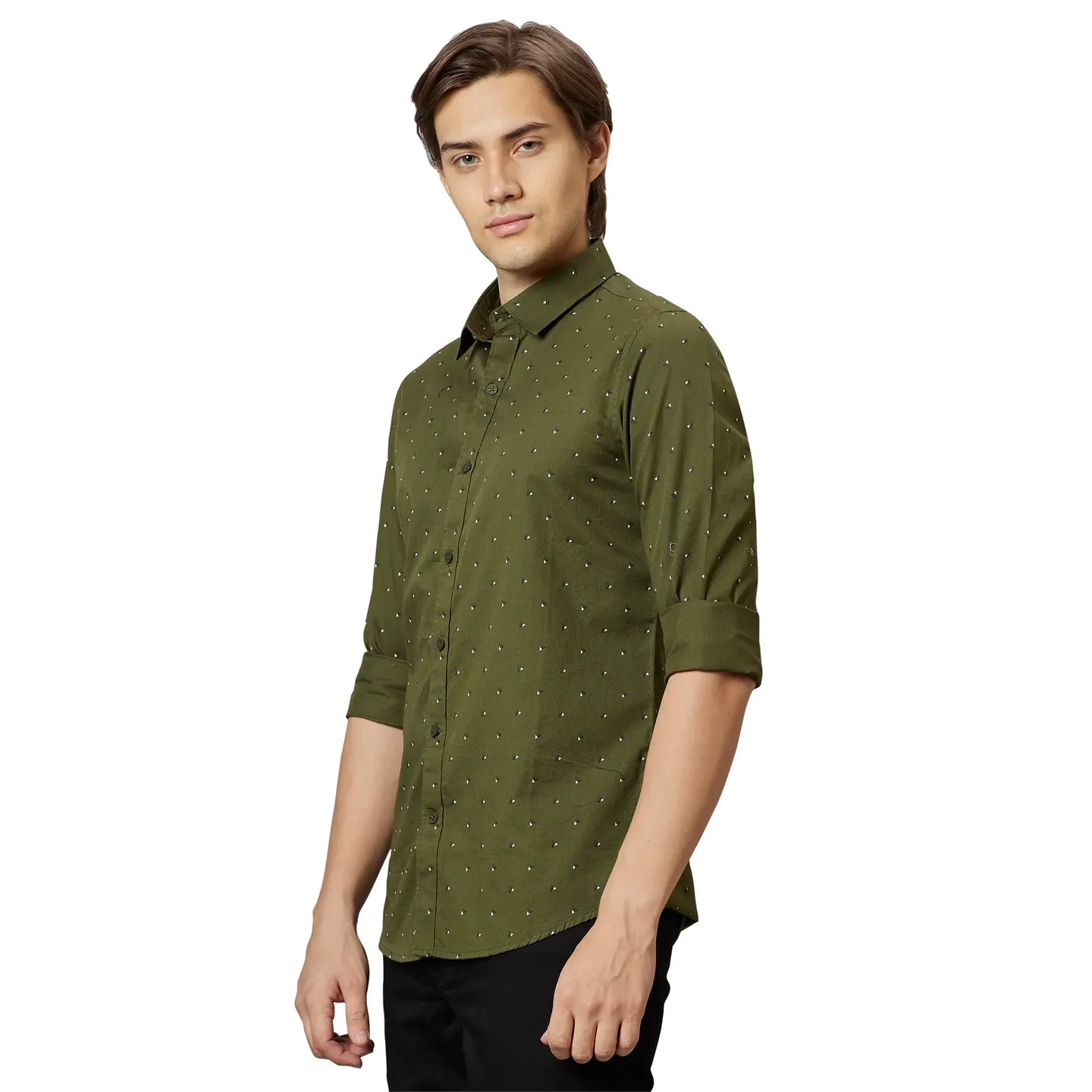 Olive Slim Straight Fit Regular Collar Long Sleeves Cotton Men's Shirt by Being Human Clothing - Image 3