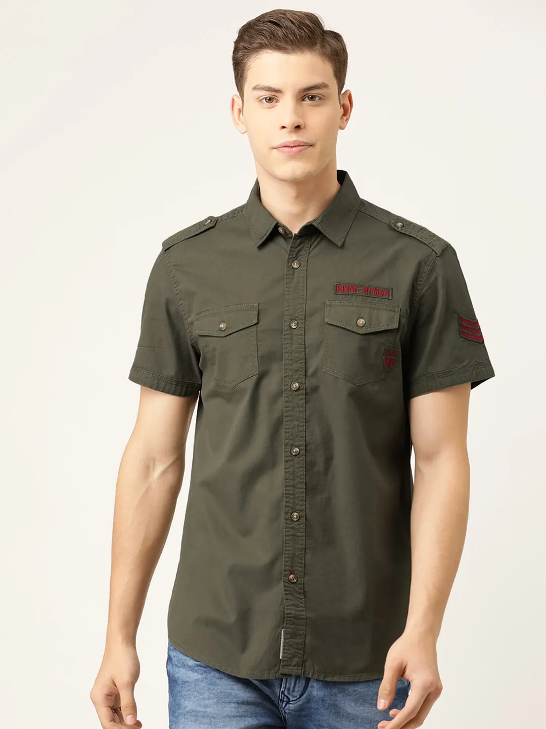Olive Slim Straight Fit Regular Collar Short Sleeves Cotton Men's Shirt by Being Human Clothing