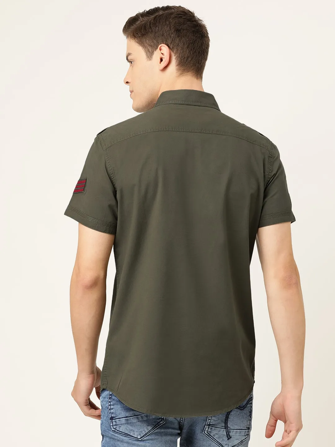 Olive Slim Straight Fit Regular Collar Short Sleeves Cotton Men's Shirt by Being Human Clothing - Image 3