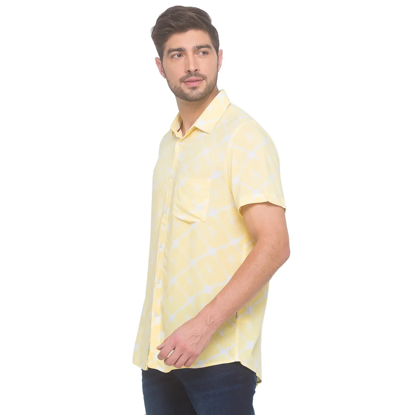 Yellow Slim Straight Fit Regular Collar Short Sleeves Rayon Men's Shirt by Being Human Clothing - Image 3