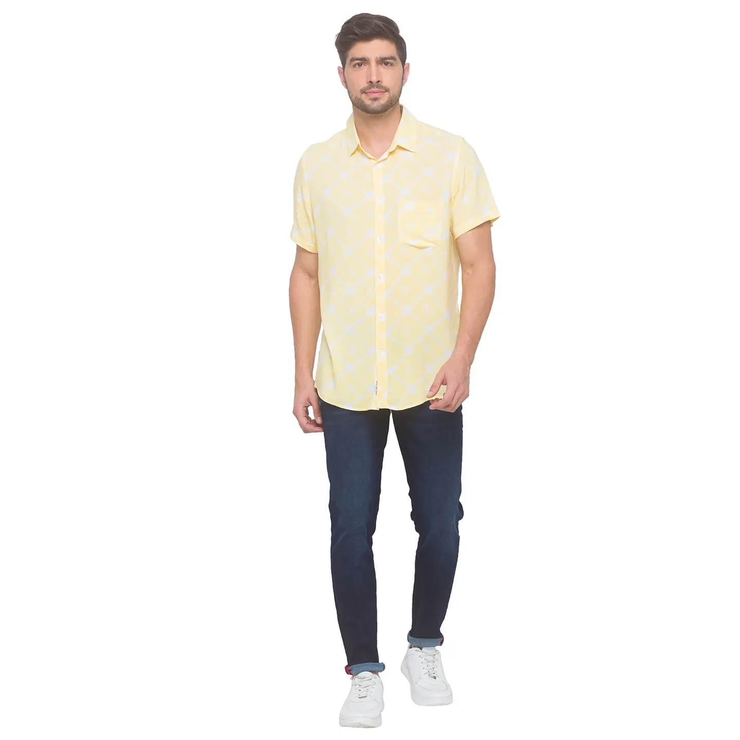 Yellow Slim Straight Fit Regular Collar Short Sleeves Rayon Men's Shirt by Being Human Clothing - Image 5