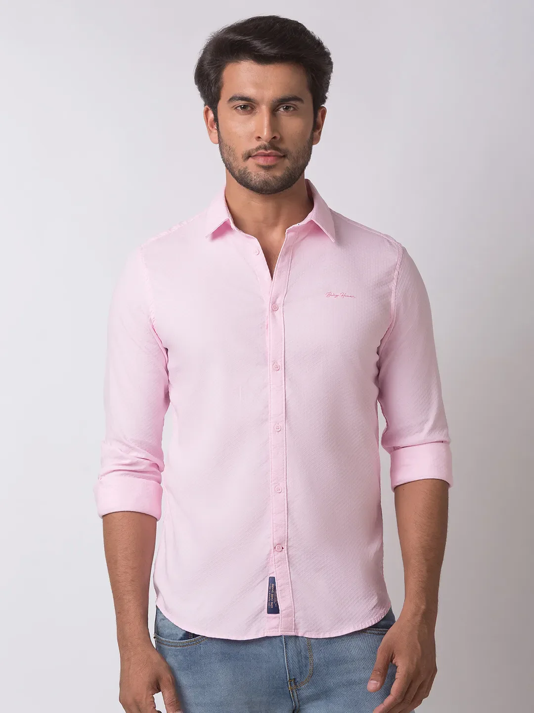 Pink Super Slim Fit Regular Collar Long Sleeves Cotton Men's Shirt by Being Human Clothing