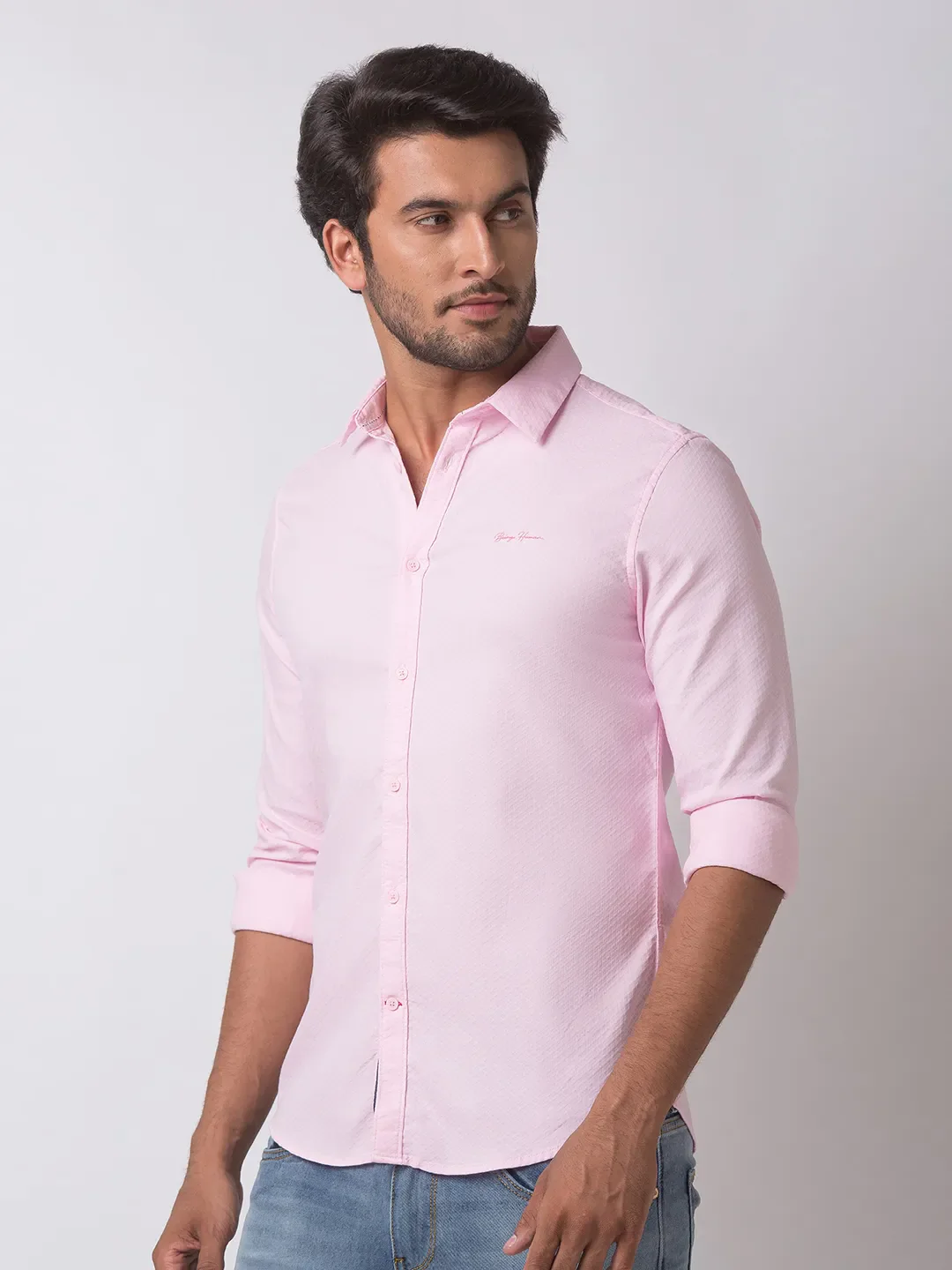 Pink Super Slim Fit Regular Collar Long Sleeves Cotton Men's Shirt by Being Human Clothing - Image 2