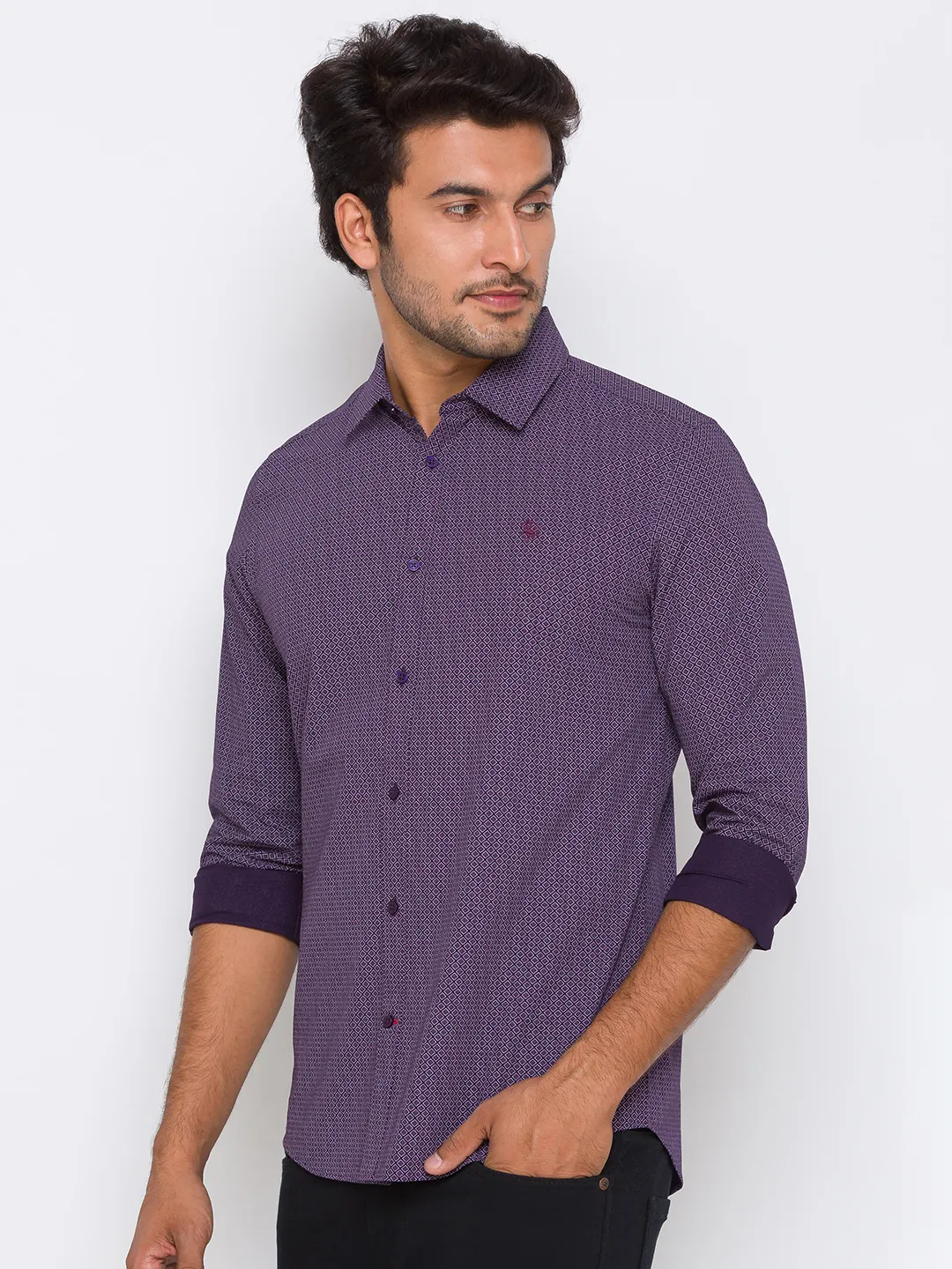Purple Slim Straight Fit Regular Collar Long Sleeves Cotton Men's Shirt by Being Human Clothing - Image 2