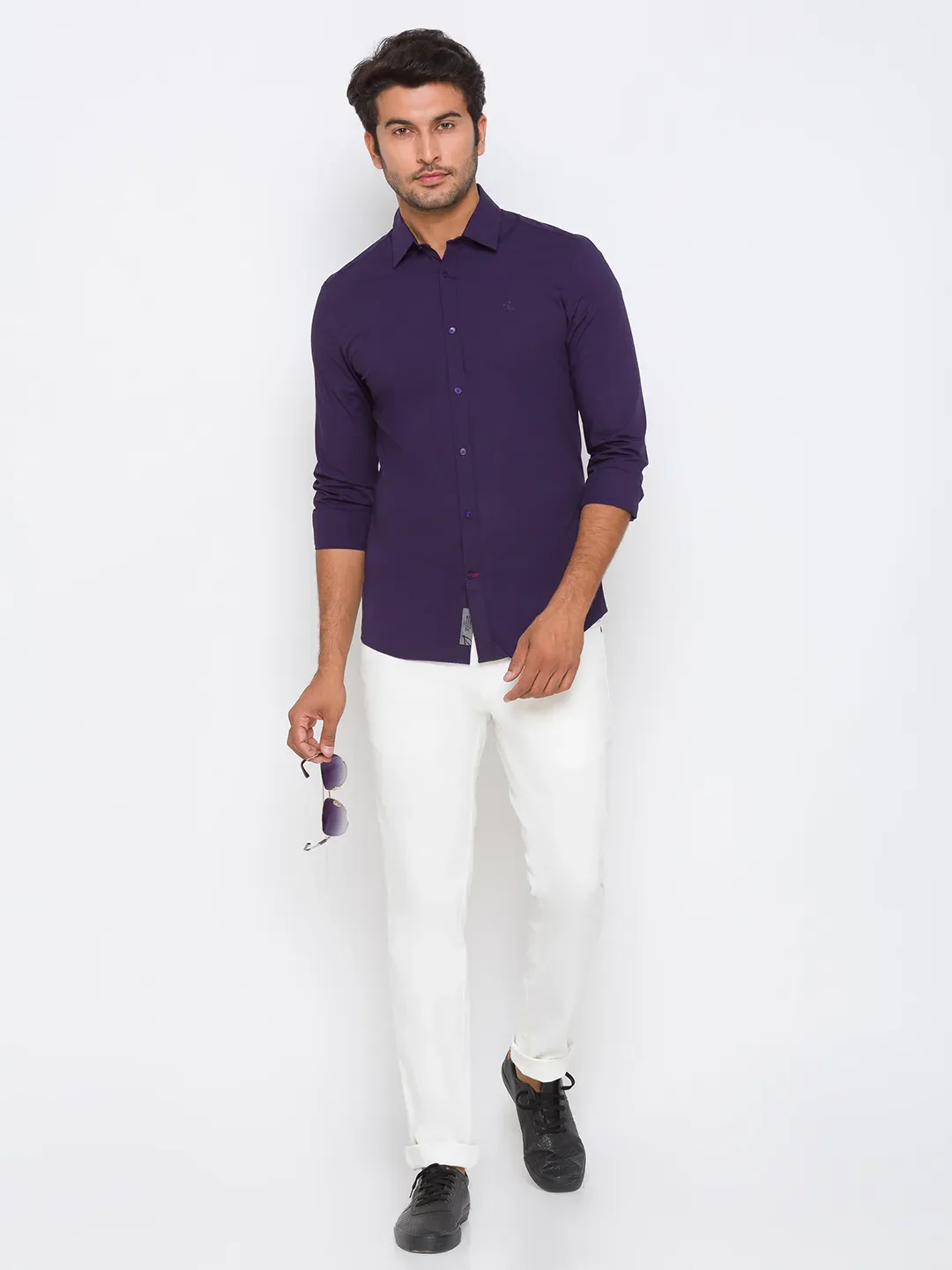 Purple Slim Straight Fit Regular Collar Long Sleeves Cotton Men's Shirt by Being Human Clothing - Image 5