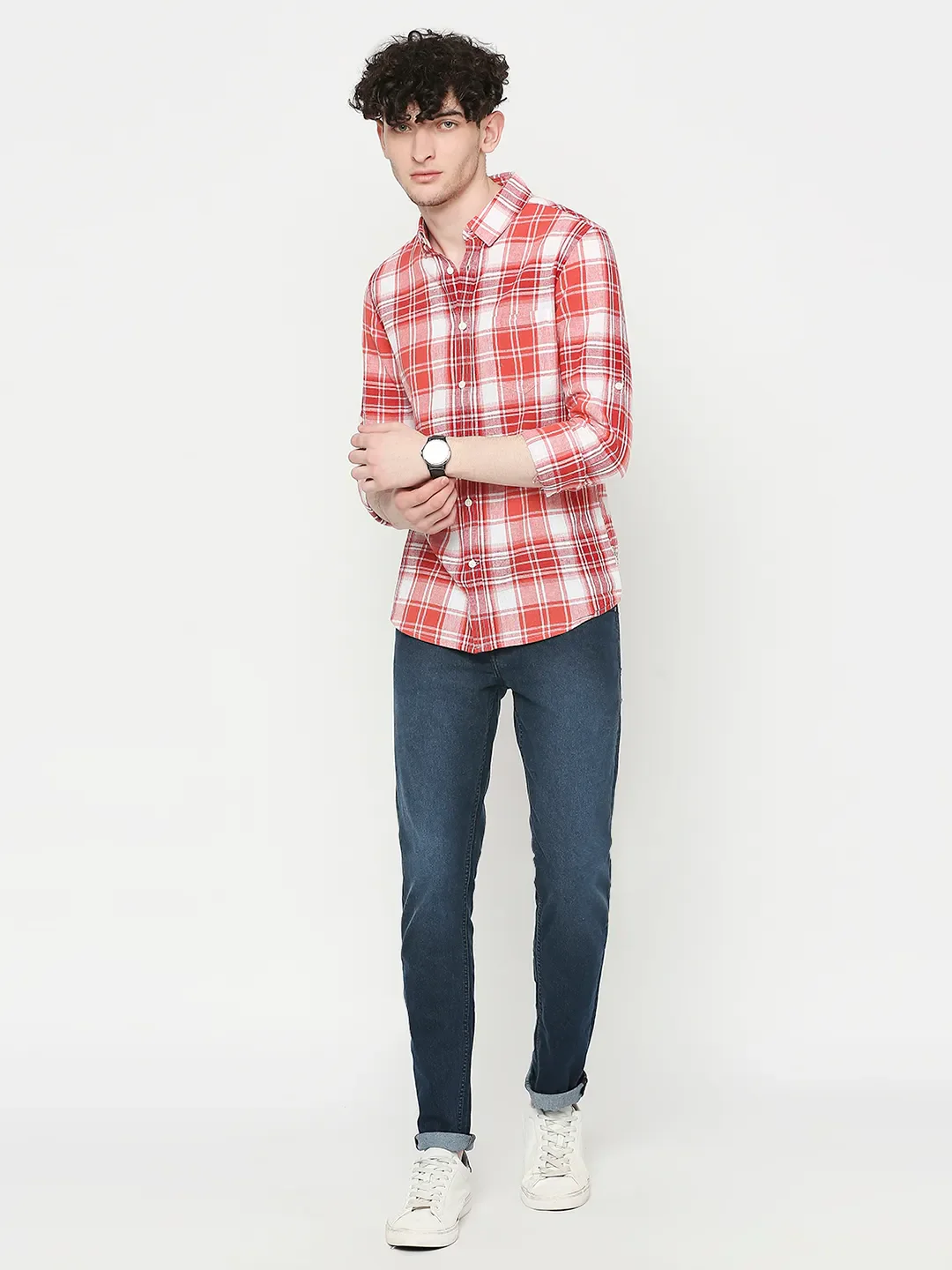 Red Slim Straight Fit Regular Collar Long Sleeves Tencil Men's Shirt by Being Human Clothing - Image 6