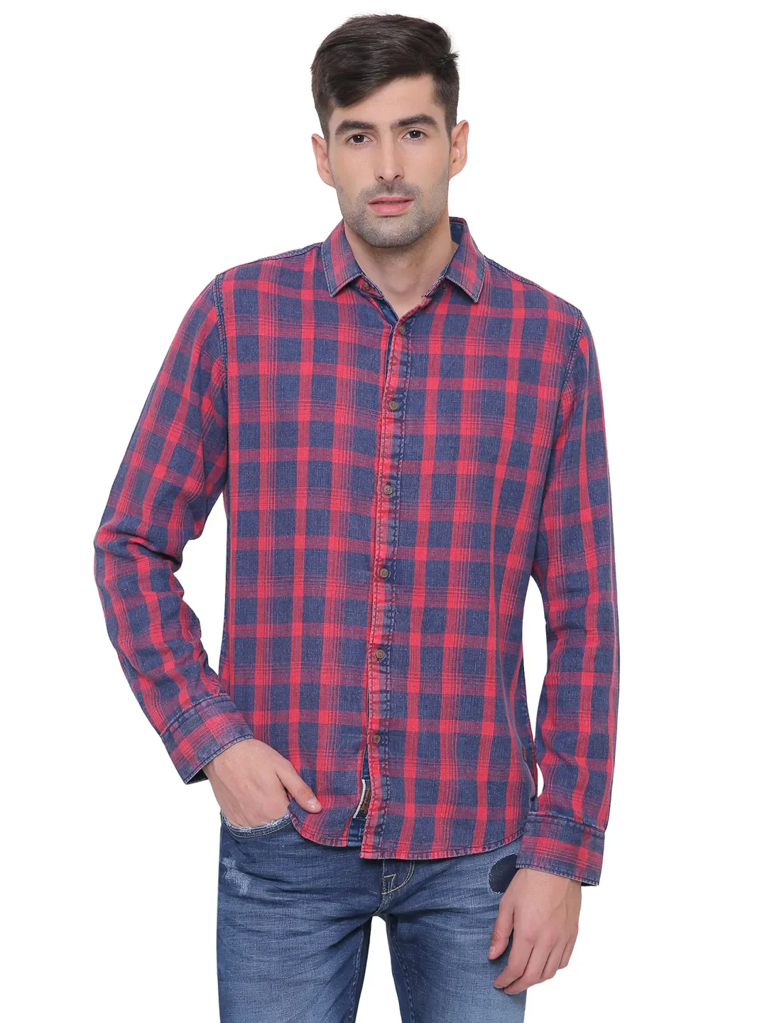 Red Slim Straight Fit Regular Collar Long Sleeves Men's Shirt by Being Human Clothing