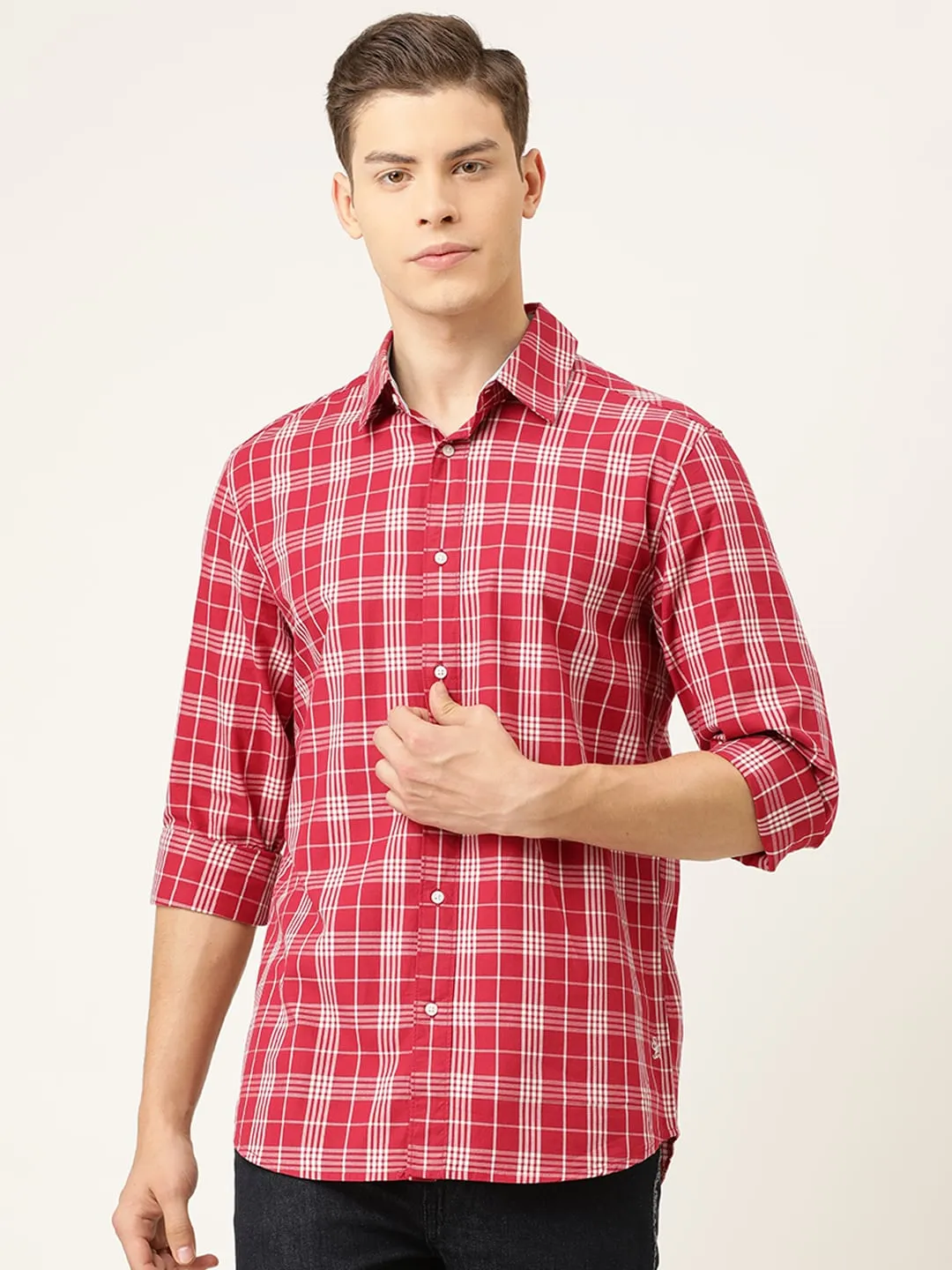 Red Slim Straight Fit Regular Collar Long Sleeves Cotton Men's Shirt by Being Human Clothing - Image 2