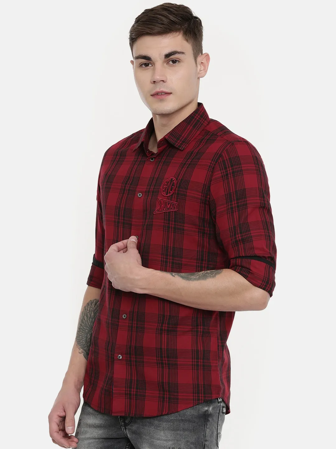 Red Slim Straight Fit Regular Collar Long Sleeves Cotton Men's Shirt by Being Human Clothing - Image 2