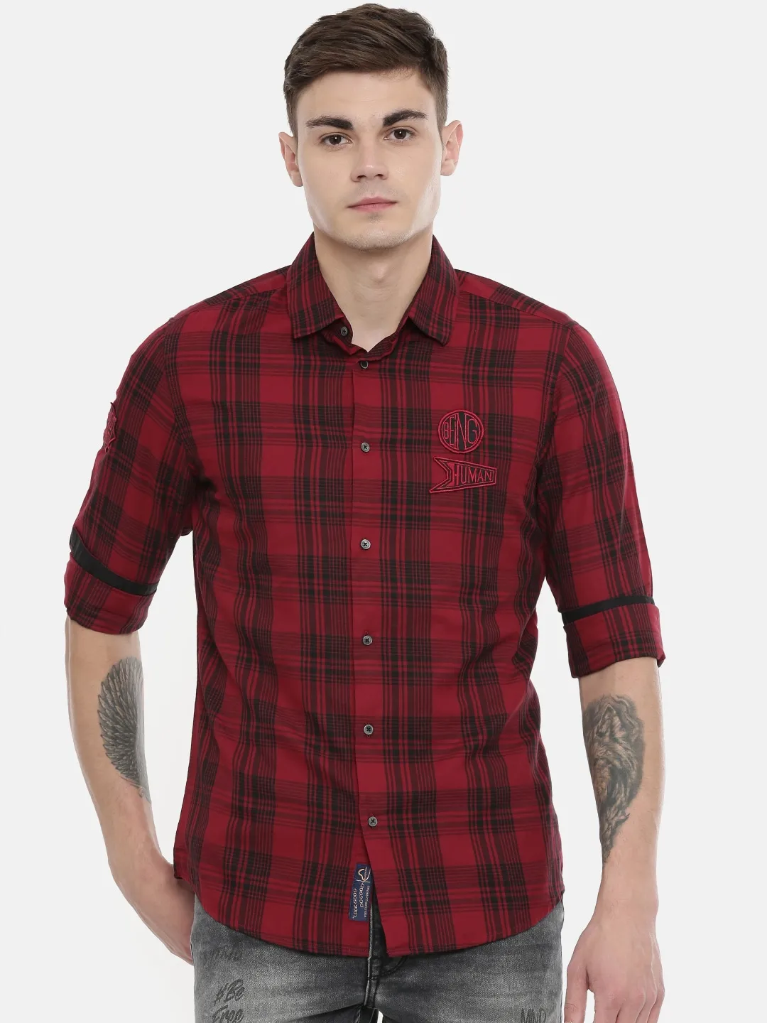 Red Slim Straight Fit Regular Collar Long Sleeves Cotton Men's Shirt by Being Human Clothing - Image 3