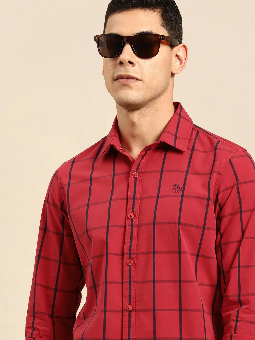 Red Slim Straight Fit Regular Collar Long Sleeves Men's Shirt by Being Human Clothing - Image 5
