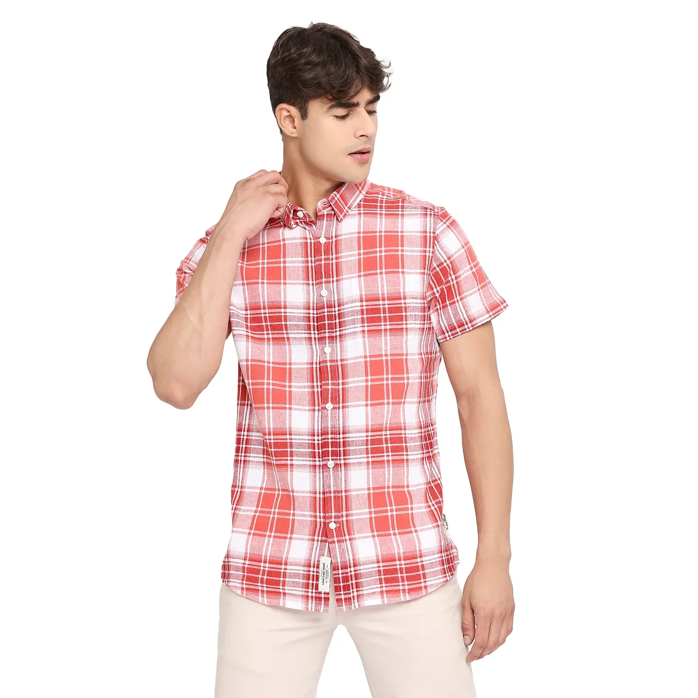 Red Slim Straight Fit Regular Collar Short Sleeves Tencil Men's Shirt by Being Human Clothing