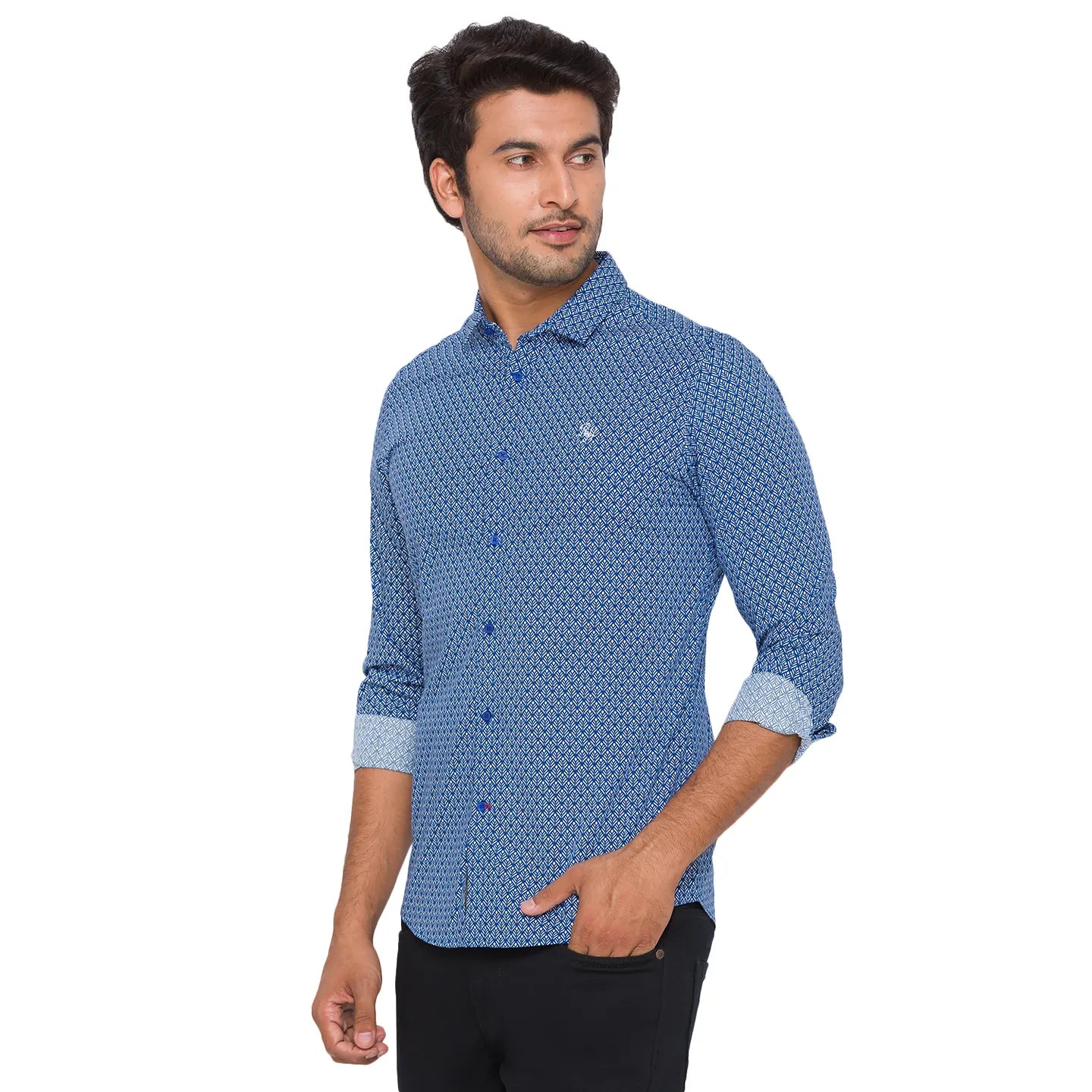 Blue Slim Straight Fit Regular Collar Long Sleeves Cotton Men's Shirt by Being Human Clothing - Image 2