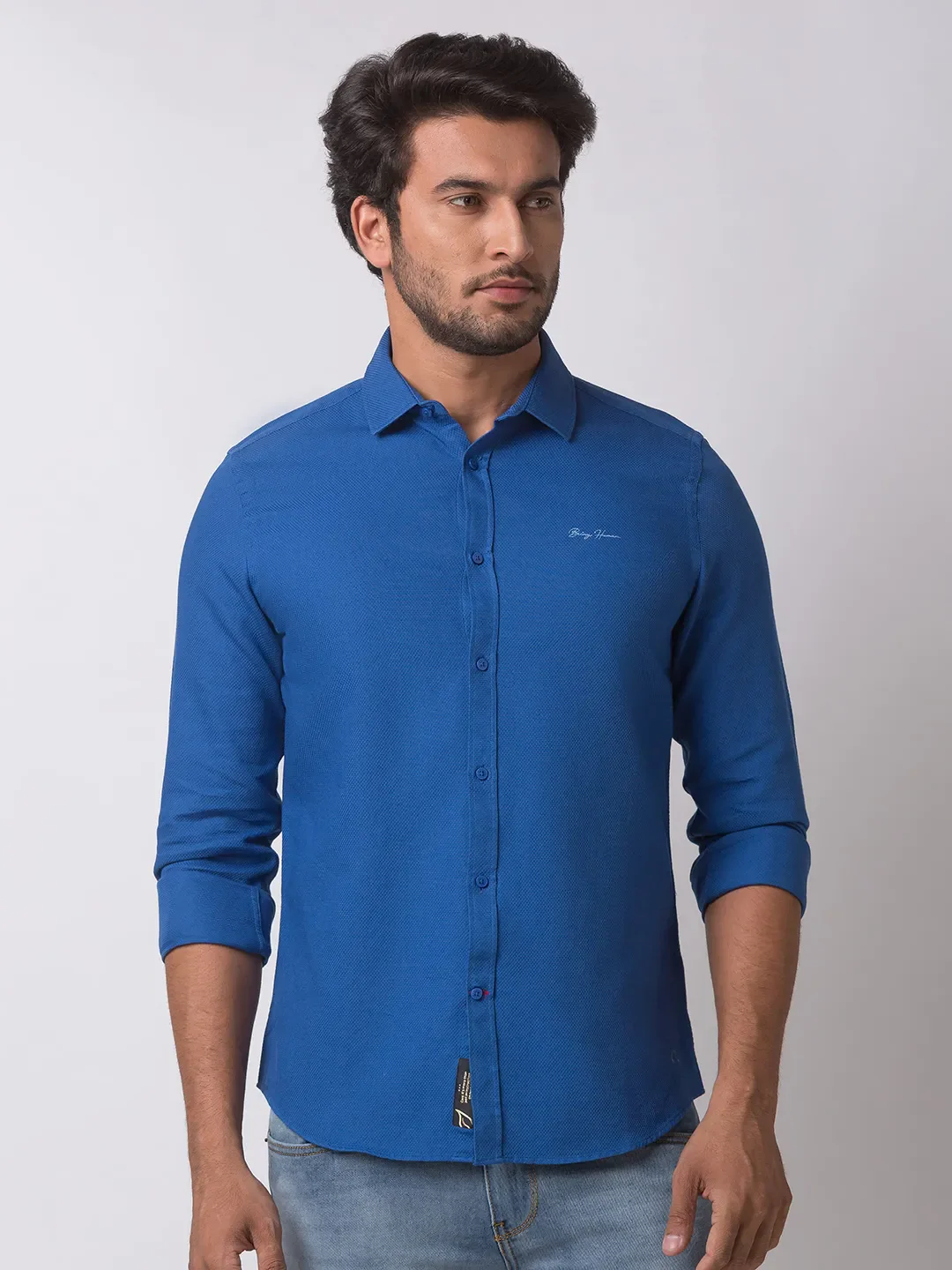 Blue Slim Straight Fit Regular Collar Long Sleeves Cotton Men's Shirt by Being Human Clothing