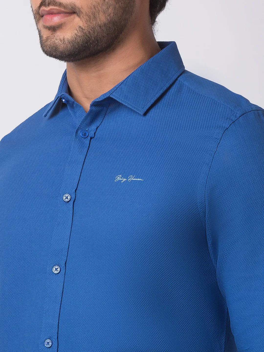 Blue Slim Straight Fit Regular Collar Long Sleeves Cotton Men's Shirt by Being Human Clothing - Image 3