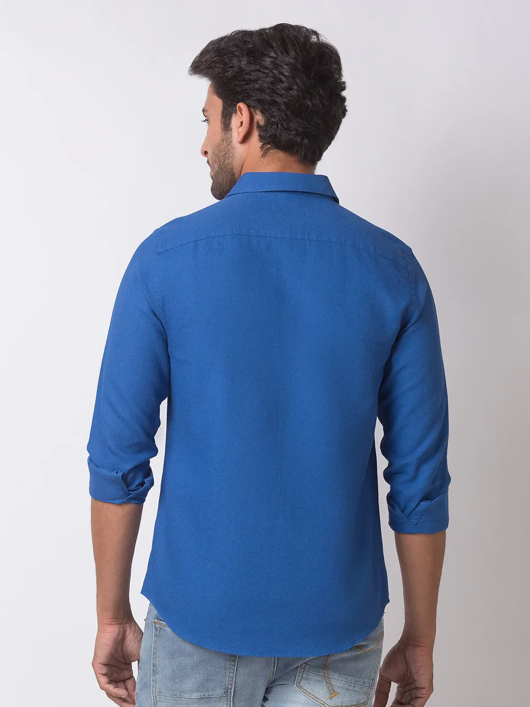 Blue Slim Straight Fit Regular Collar Long Sleeves Cotton Men's Shirt by Being Human Clothing - Image 4