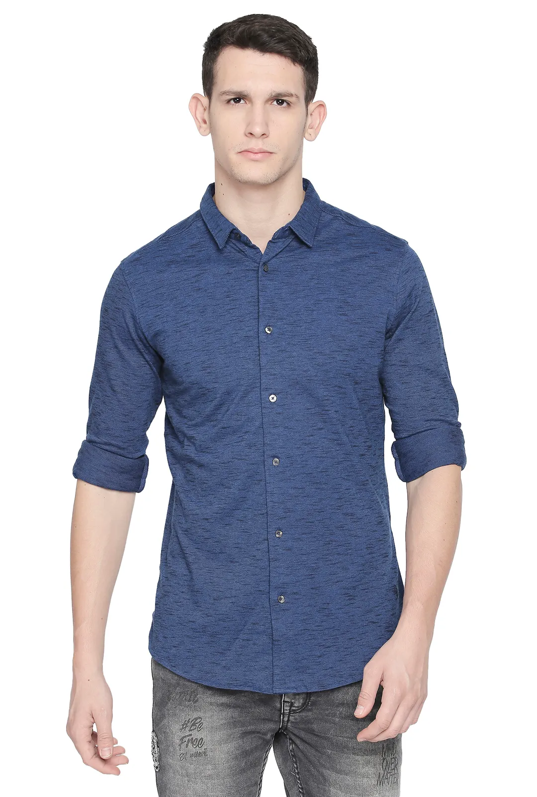 Blue Slim Straight Fit Regular Collar Long Sleeves Men's Shirt by Being Human Clothing