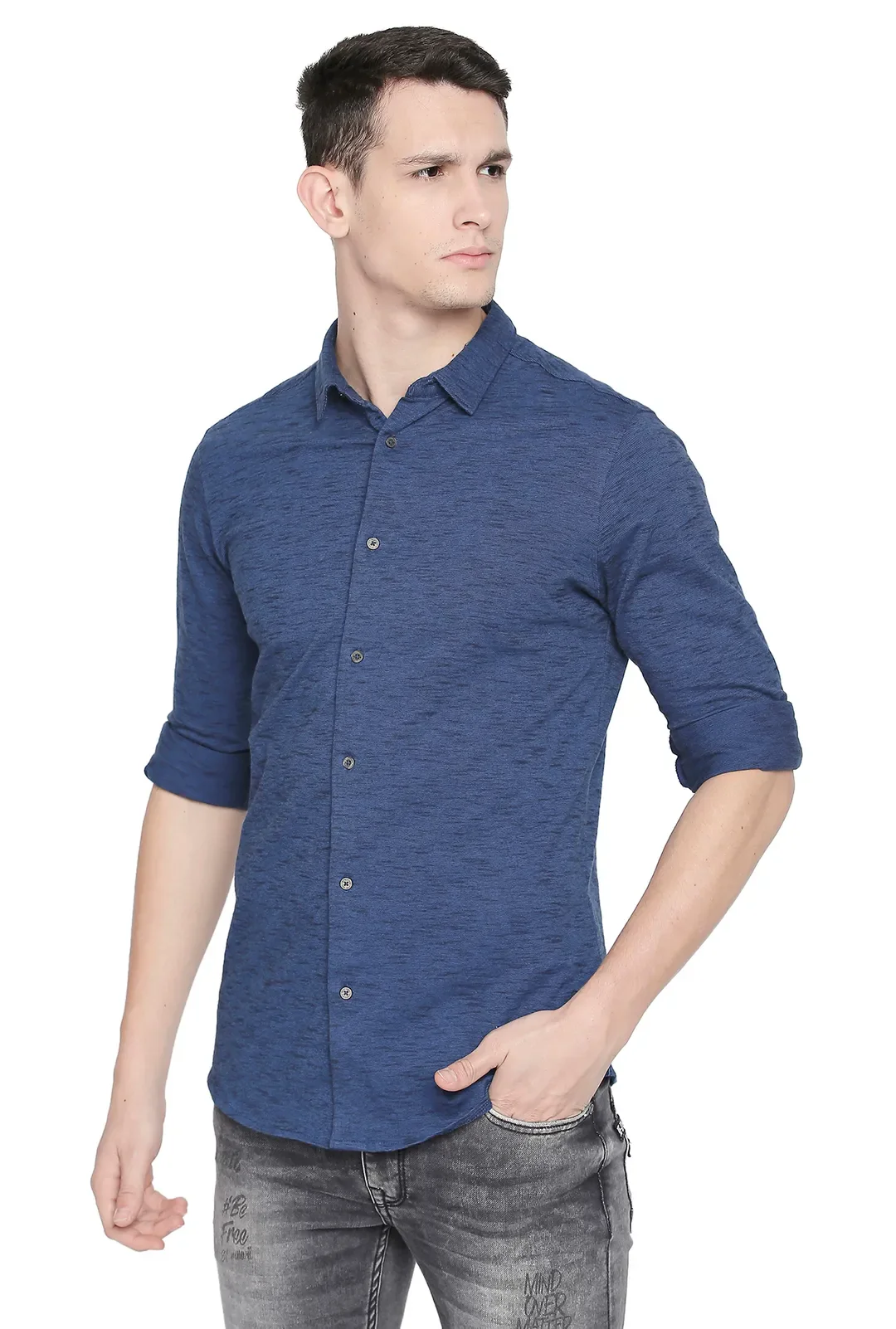 Blue Slim Straight Fit Regular Collar Long Sleeves Men's Shirt by Being Human Clothing - Image 2