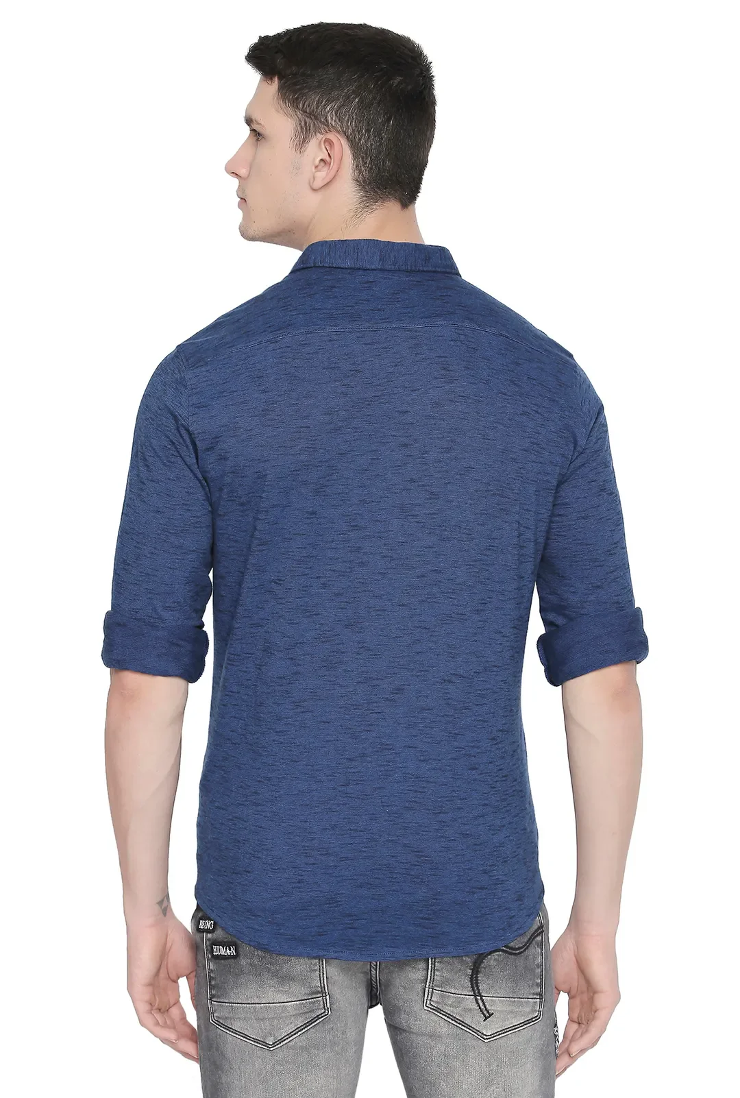 Blue Slim Straight Fit Regular Collar Long Sleeves Men's Shirt by Being Human Clothing - Image 3