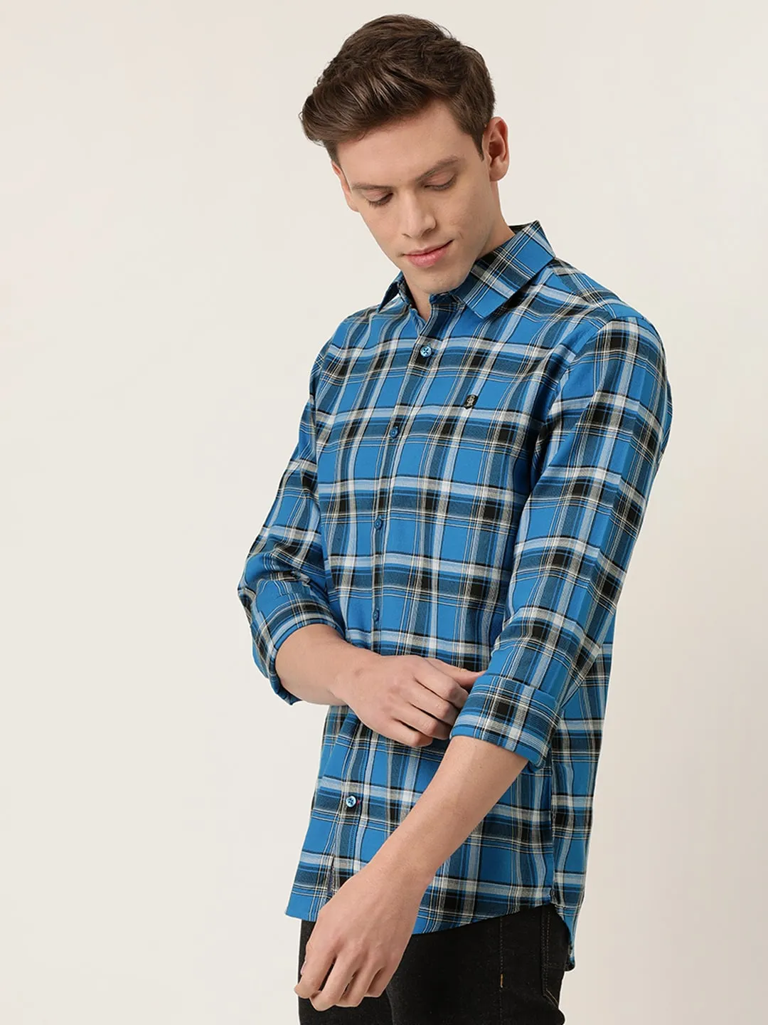Blue Regular Fit Regular Collar Long Sleeves Cotton Men's Shirt by Being Human Clothing - Image 4