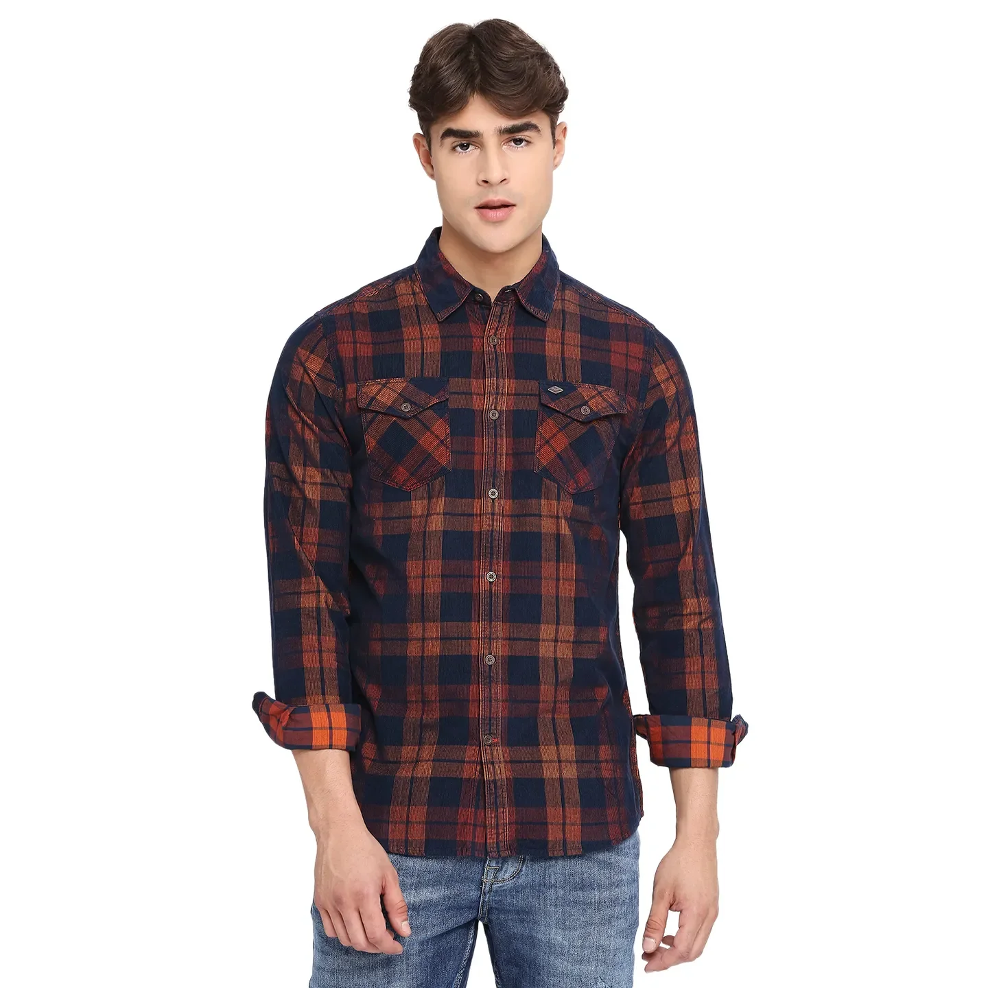 Orange Slim Straight Fit Regular Collar Long Sleeves Cotton Men's Shirt by Being Human Clothing