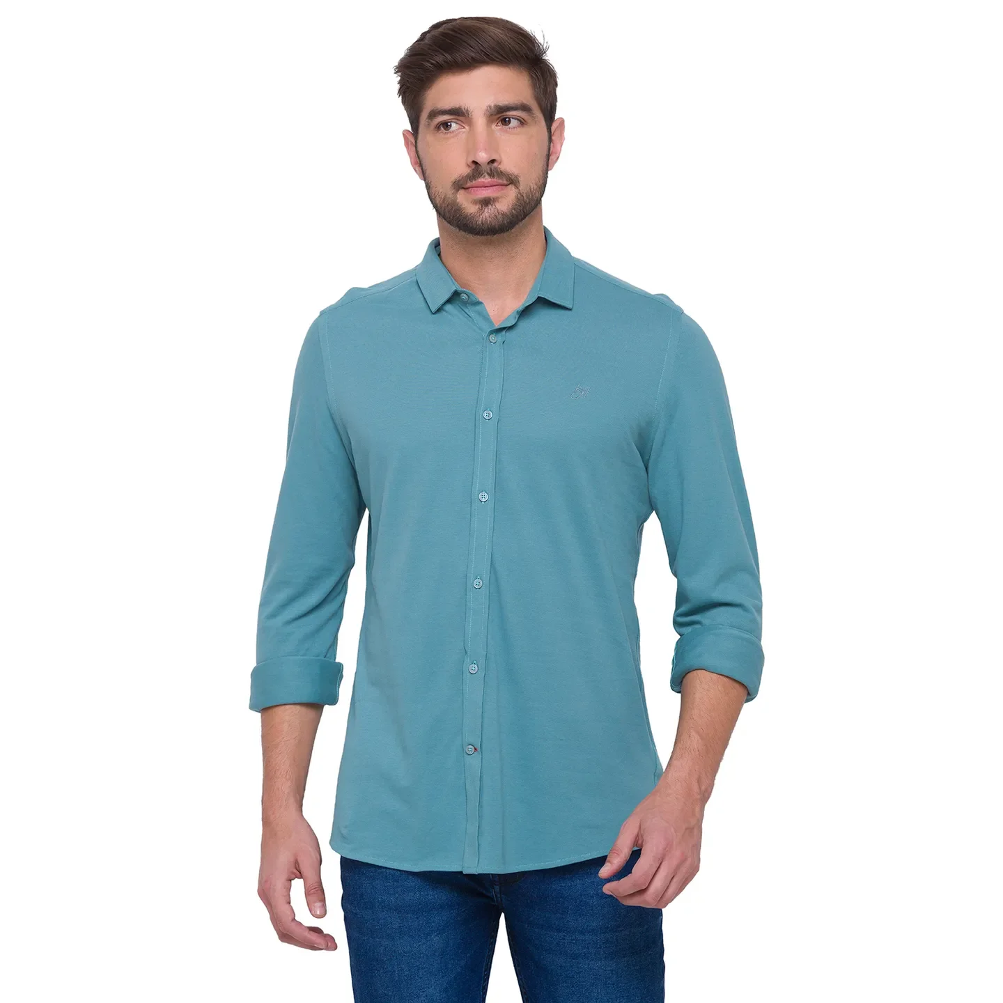 Green Slim Straight Fit Regular Collar Long Sleeves Cotton Men's Shirt by Being Human Clothing