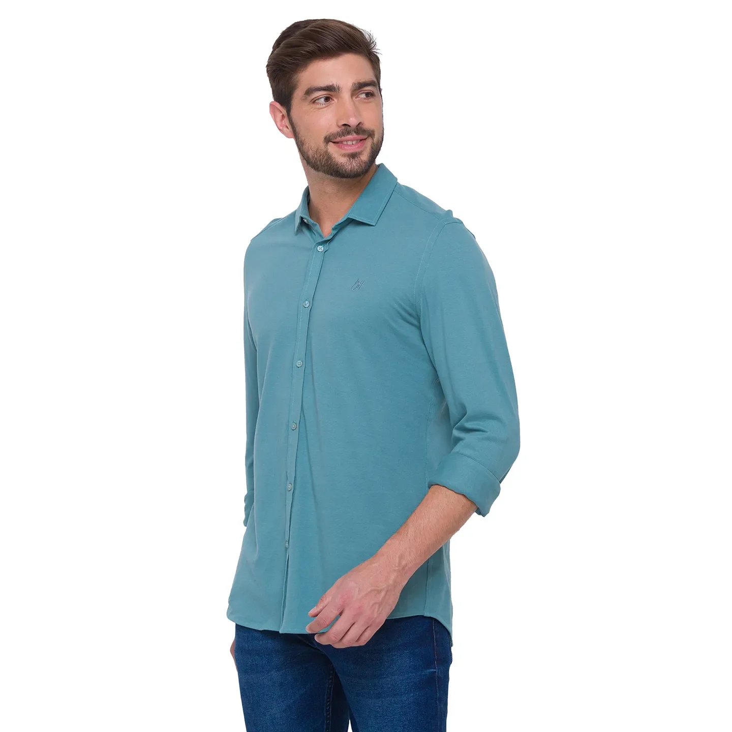 Green Slim Straight Fit Regular Collar Long Sleeves Cotton Men's Shirt by Being Human Clothing - Image 3
