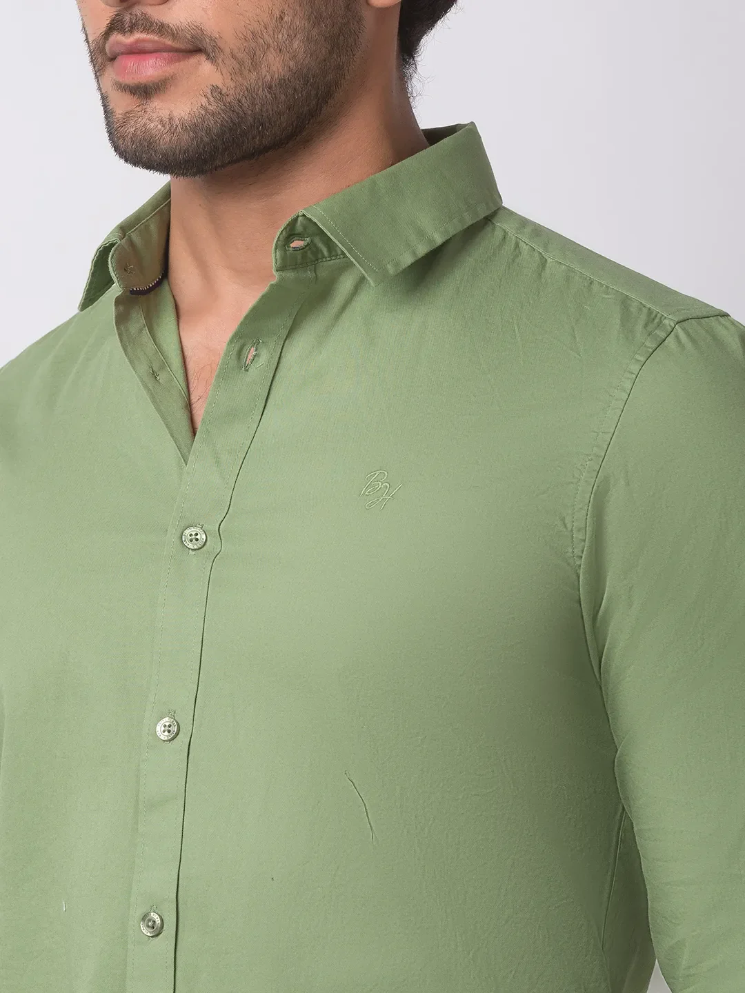 Green Slim Straight Fit Regular Collar Long Sleeves Cotton Men's Shirt by Being Human Clothing - Image 3