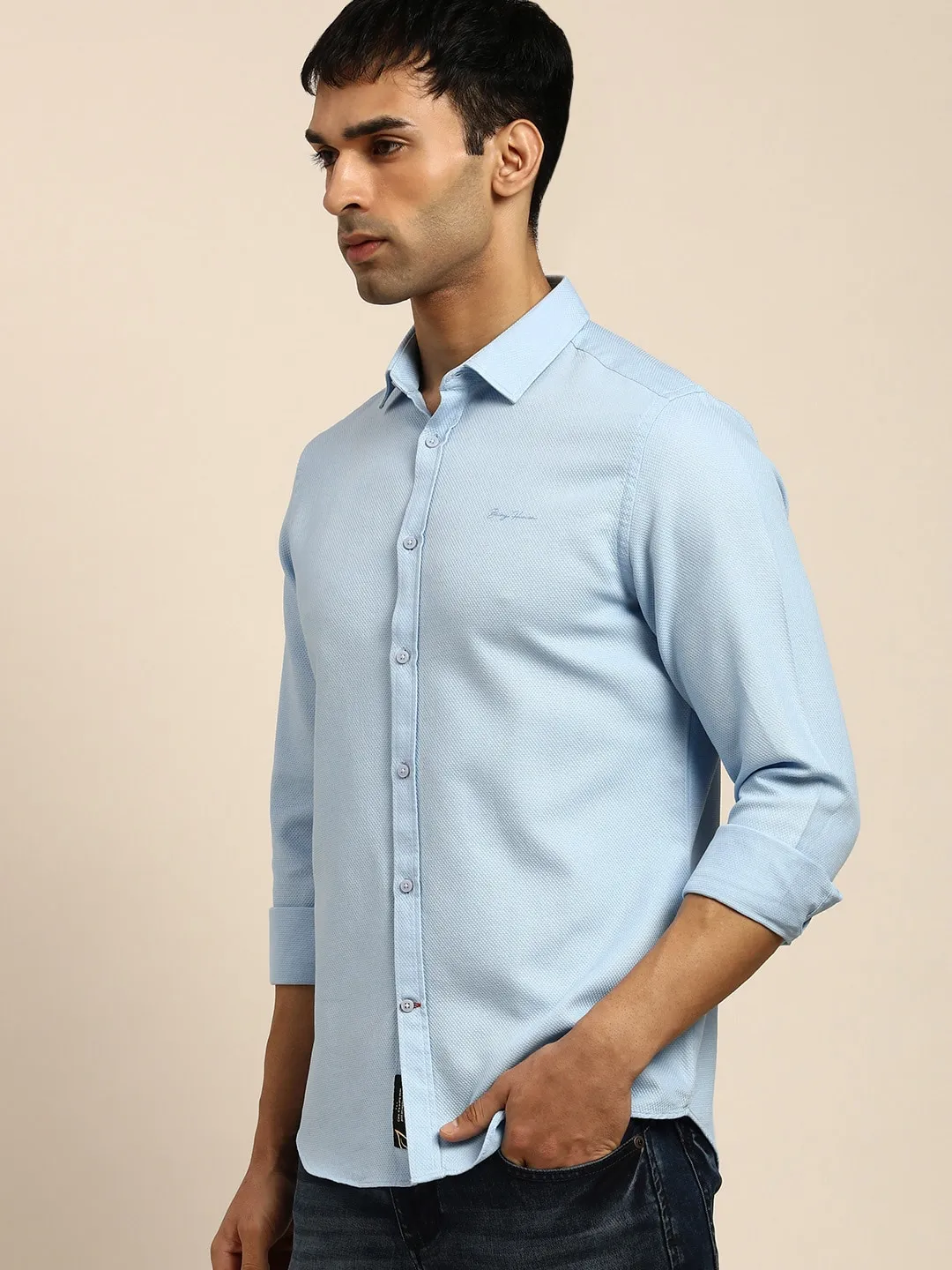 Blue Slim Straight Fit Regular Collar Long Sleeves Men's Shirt by Being Human Clothing - Image 4