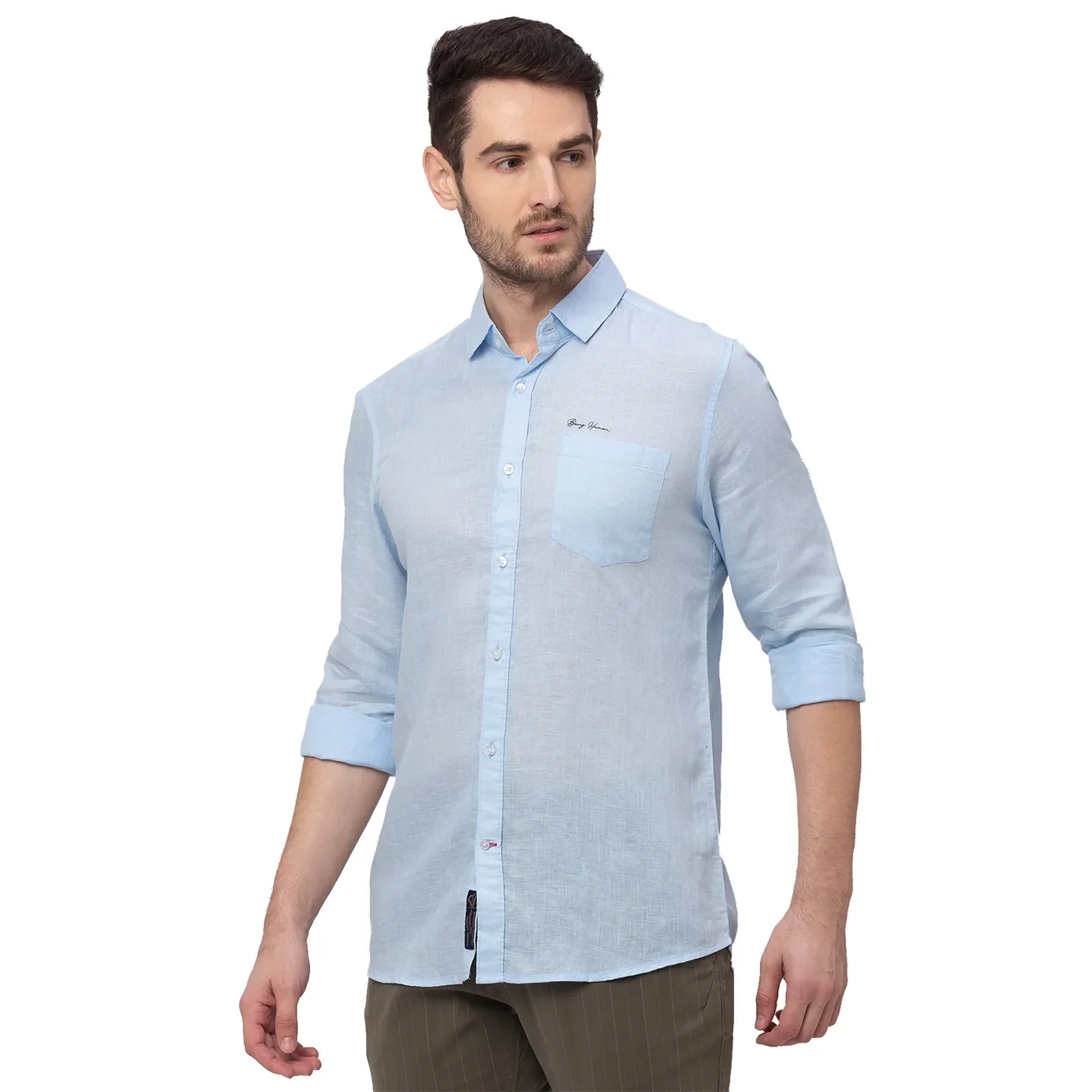 Blue Slim Straight Fit Regular Collar Long Sleeves Linen Men's Shirt by Being Human Clothing - Image 2