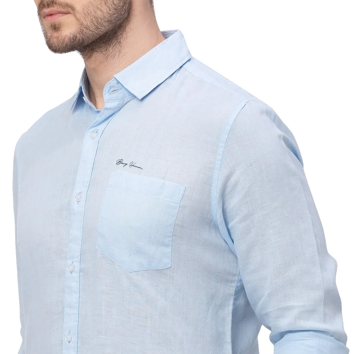 Blue Slim Straight Fit Regular Collar Long Sleeves Linen Men's Shirt by Being Human Clothing - Image 3