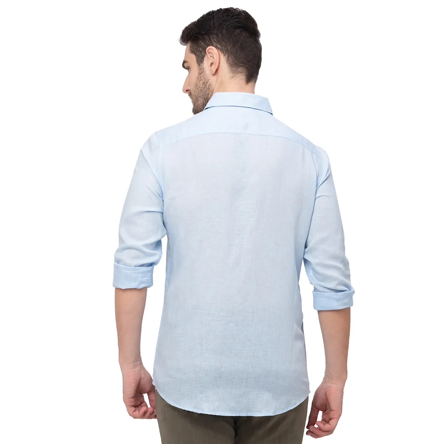 Blue Slim Straight Fit Regular Collar Long Sleeves Linen Men's Shirt by Being Human Clothing - Image 5