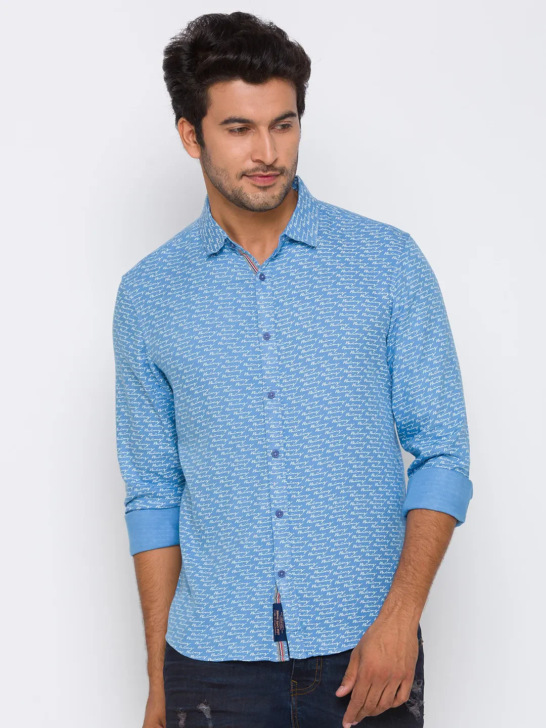Blue Slim Straight Fit Regular Collar Long Sleeves Cotton Men's Shirt by Being Human Clothing