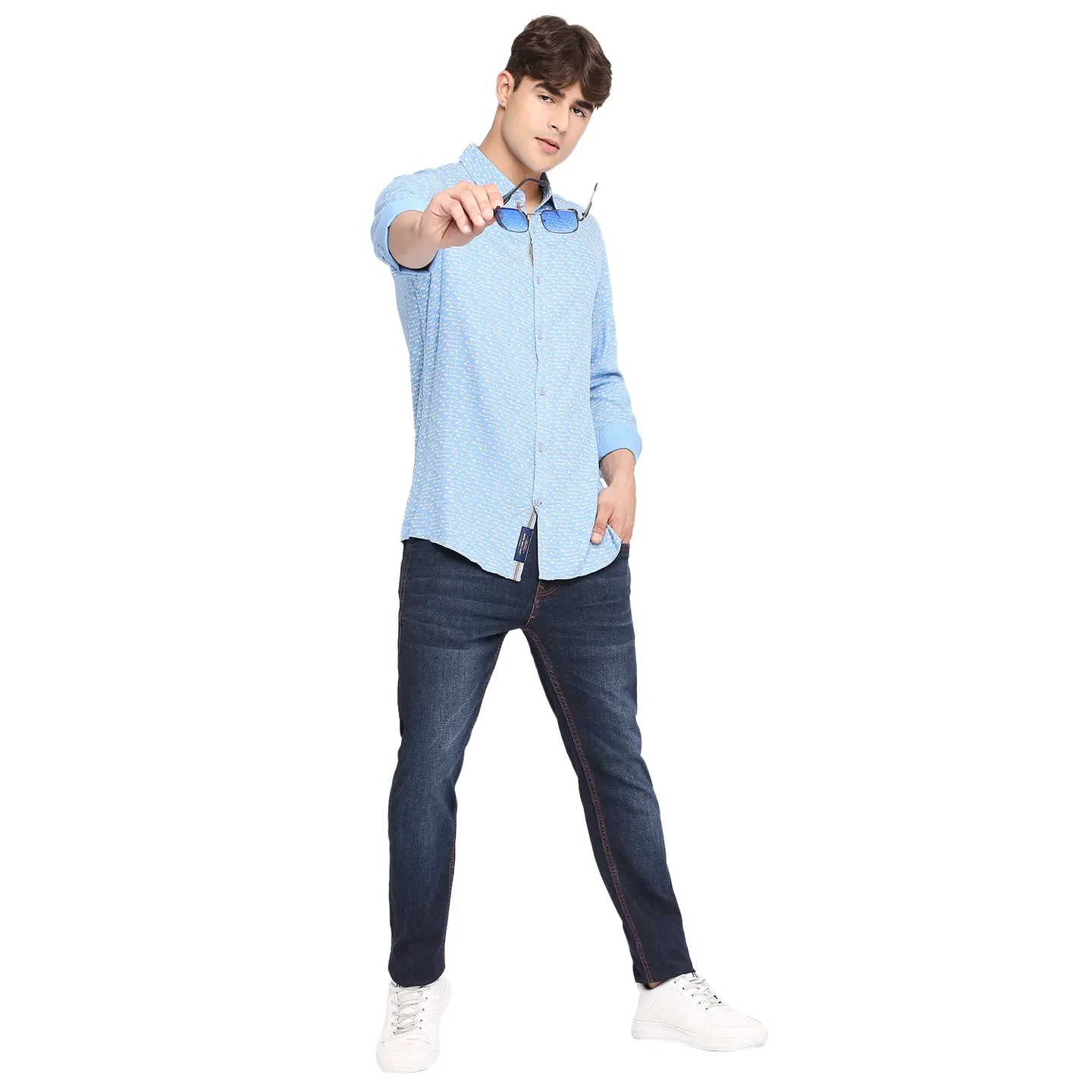 Blue Slim Straight Fit Regular Collar Long Sleeves Cotton Men's Shirt by Being Human Clothing - Image 6
