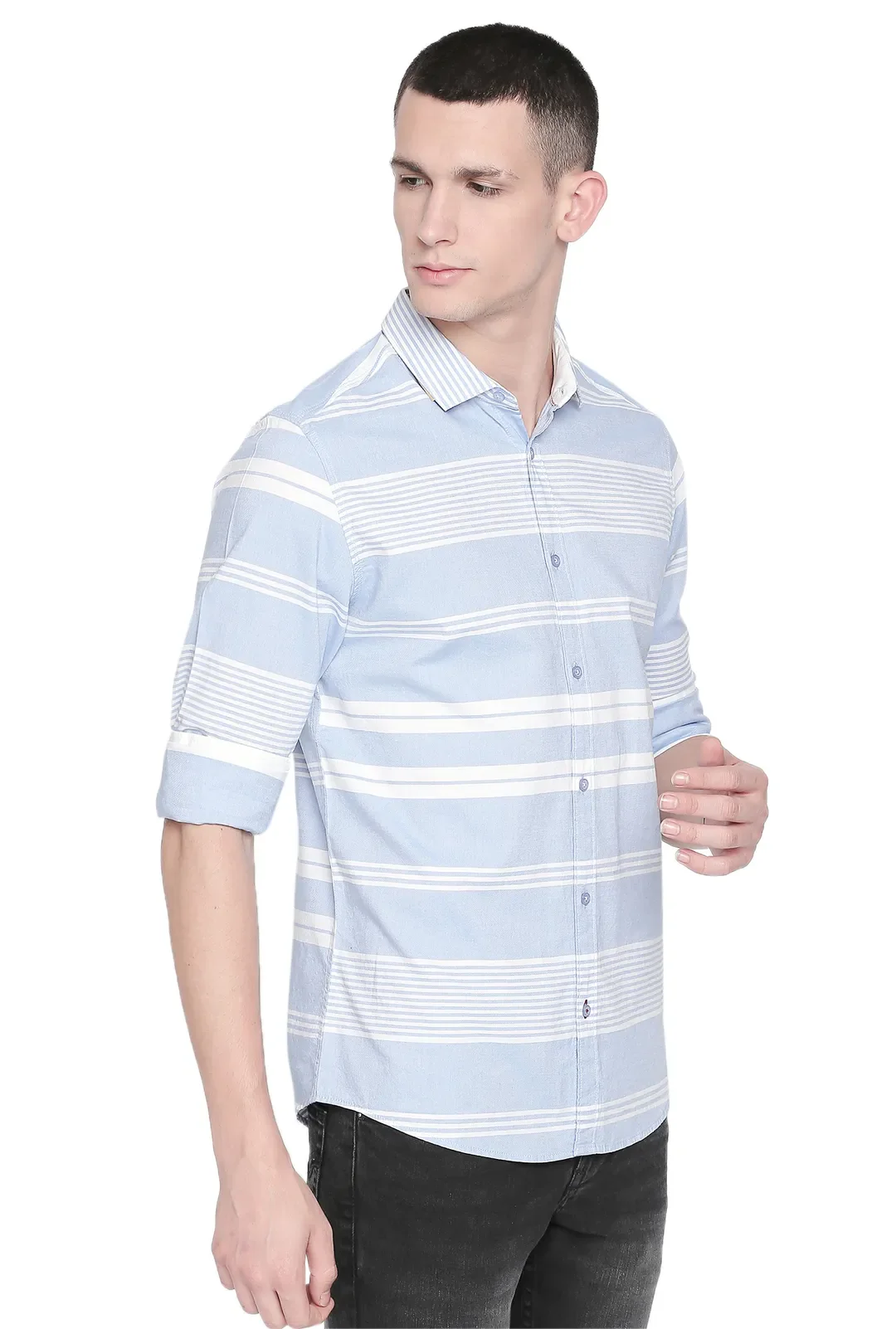 Blue Slim Straight Fit Regular Collar Long Sleeves Men's Shirt by Being Human Clothing - Image 2