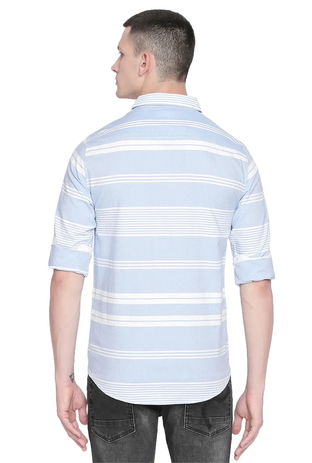 Blue Slim Straight Fit Regular Collar Long Sleeves Men's Shirt by Being Human Clothing - Image 4
