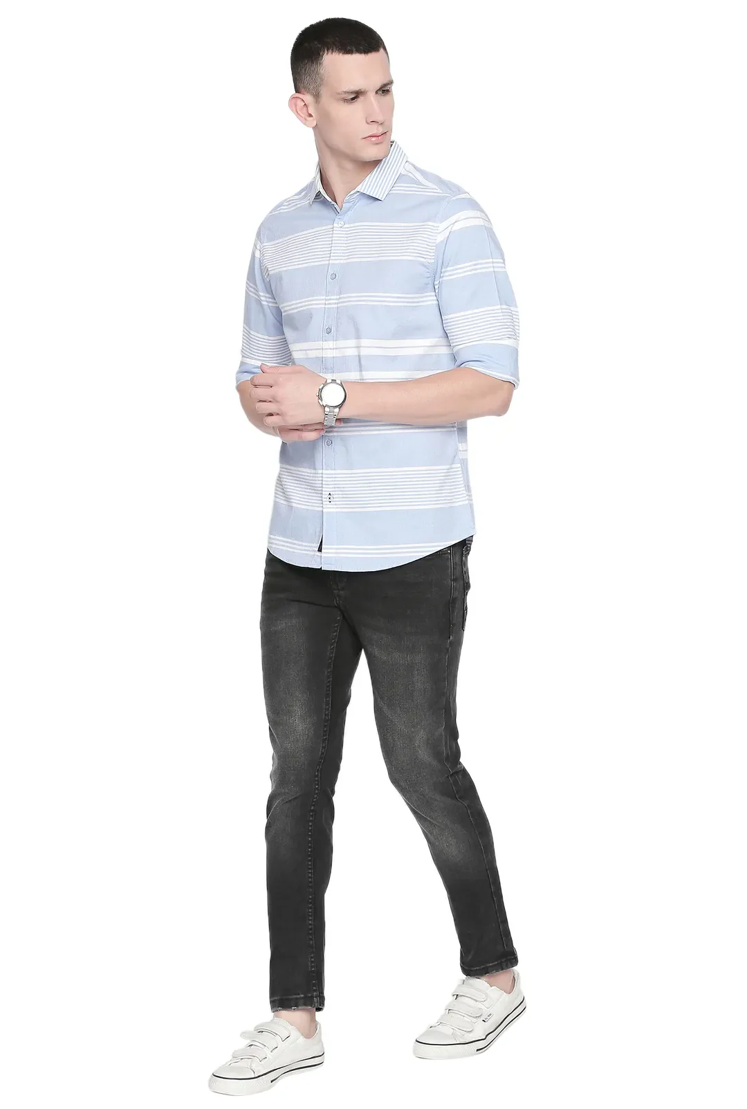 Blue Slim Straight Fit Regular Collar Long Sleeves Men's Shirt by Being Human Clothing - Image 5